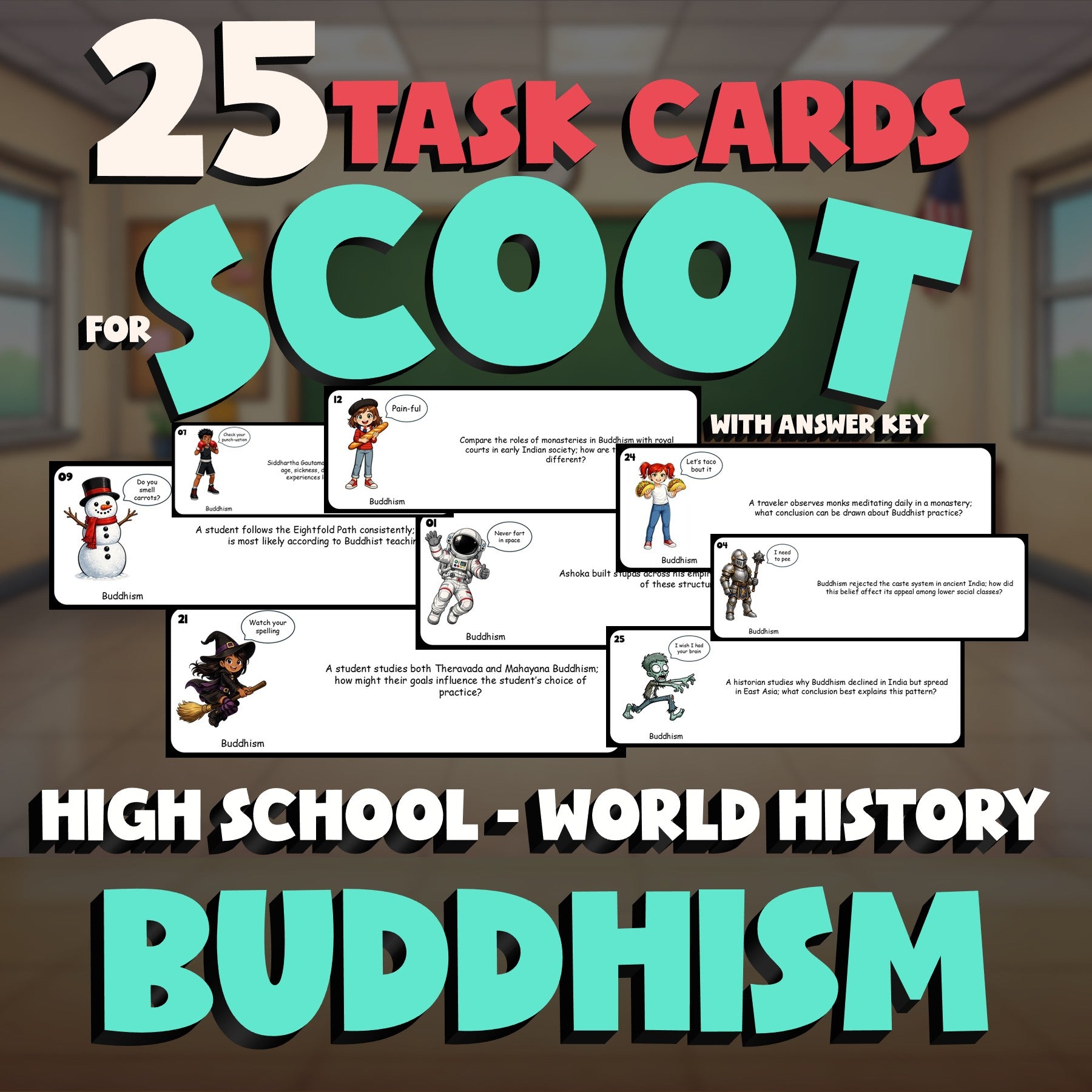 Buddhism SCOOT TASK CARDS Game - No Prep World History Review Activity
