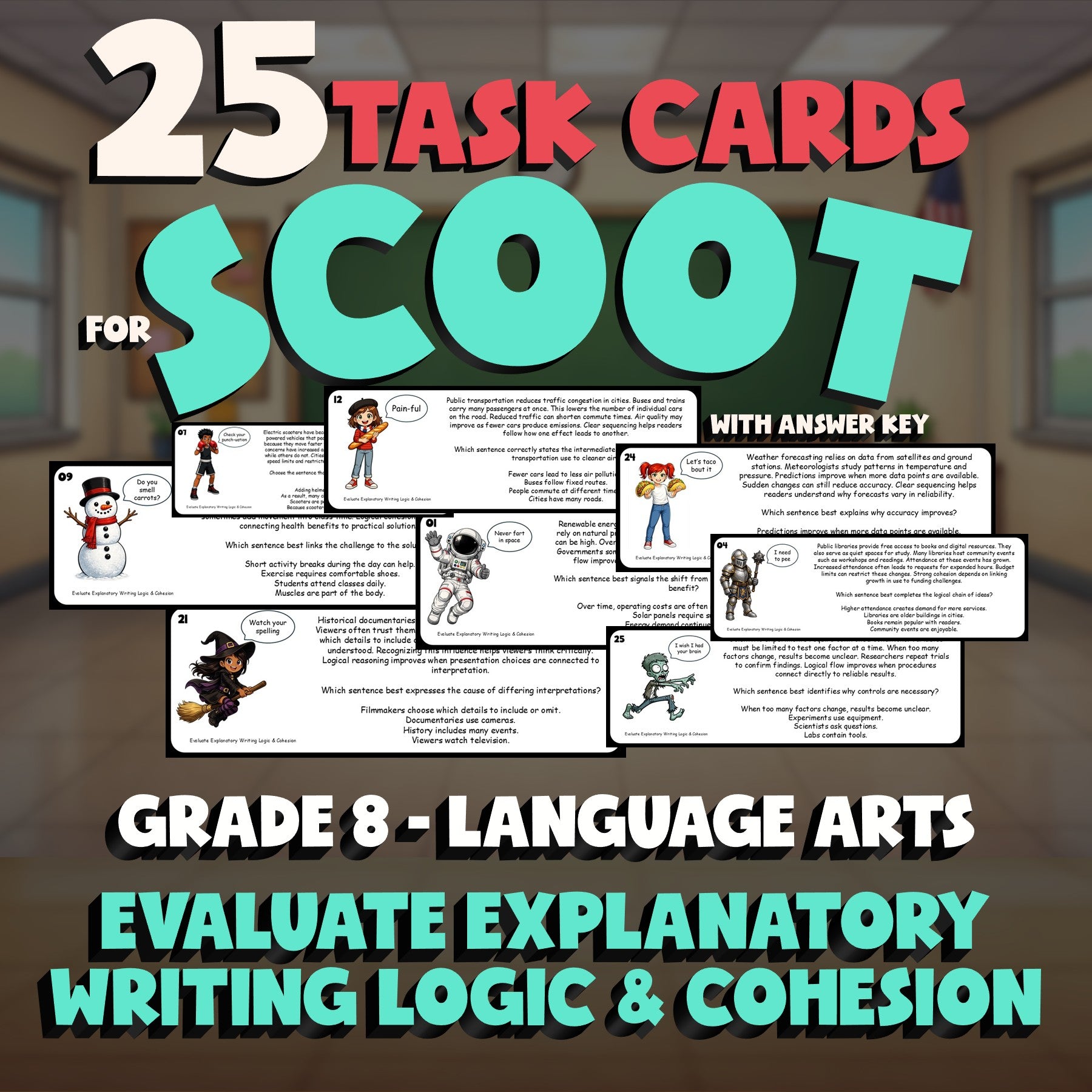 Evaluate Explanatory Writing Logic & Cohesion SCOOT TASK CARDS ELA Game Grade 8