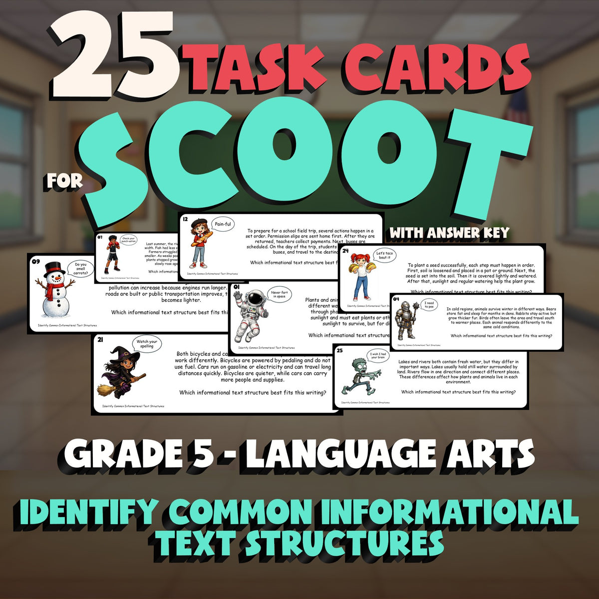 Identify Common Informational Text Structures SCOOT TASK CARDS ELA Game Grade 5