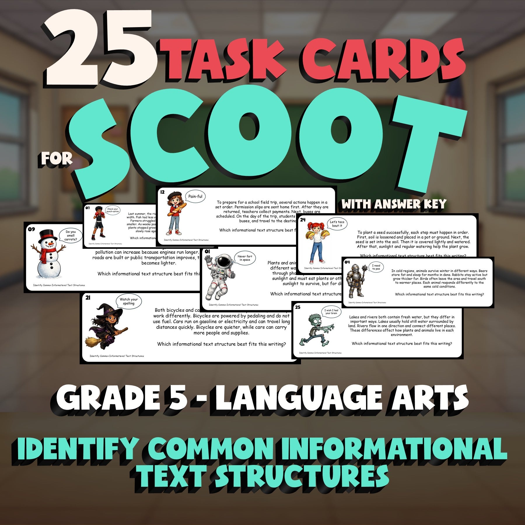 Identify Common Informational Text Structures SCOOT TASK CARDS ELA Game Grade 5