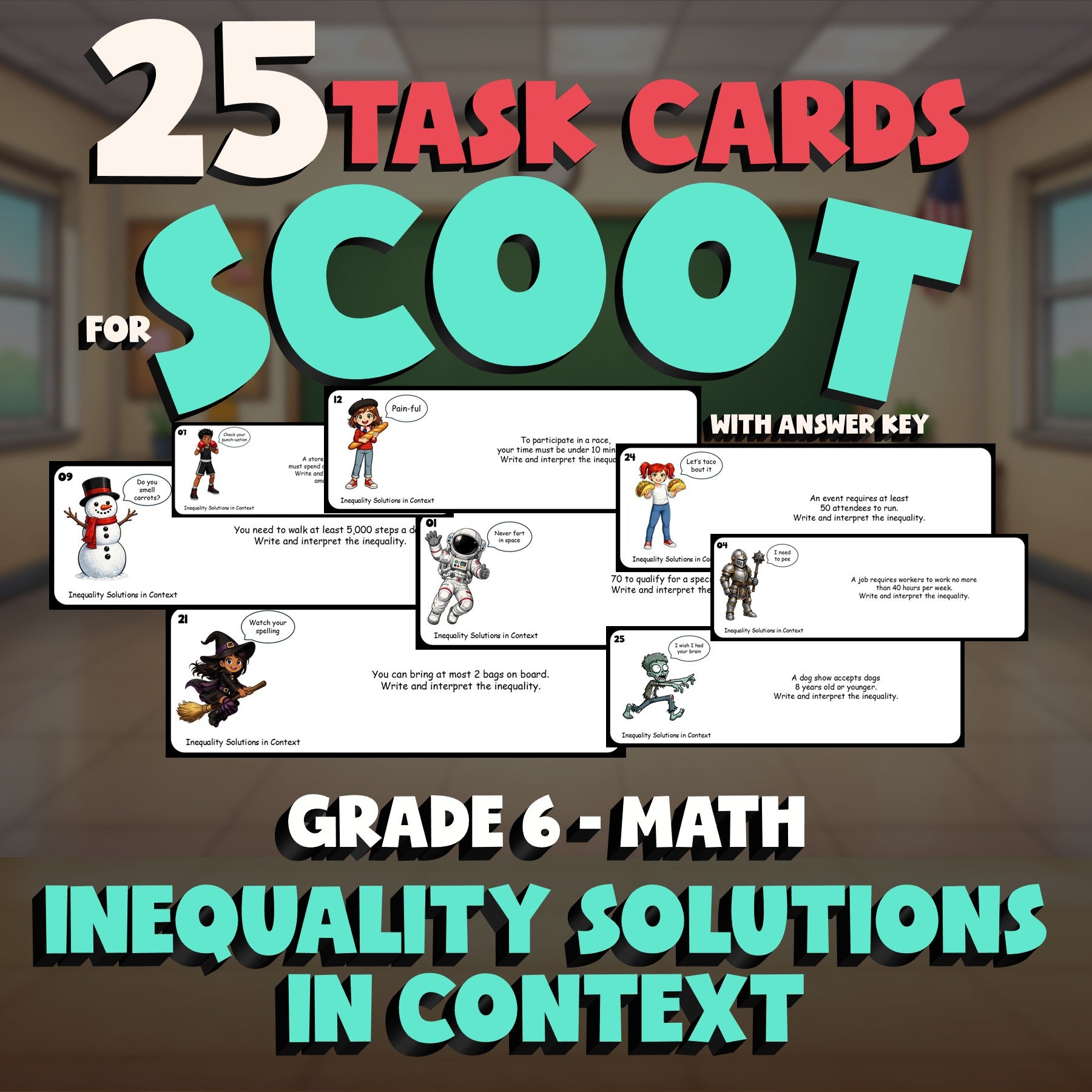Inequality Solutions in Context SCOOT TASK CARDS Math Game - No Prep Grade 6
