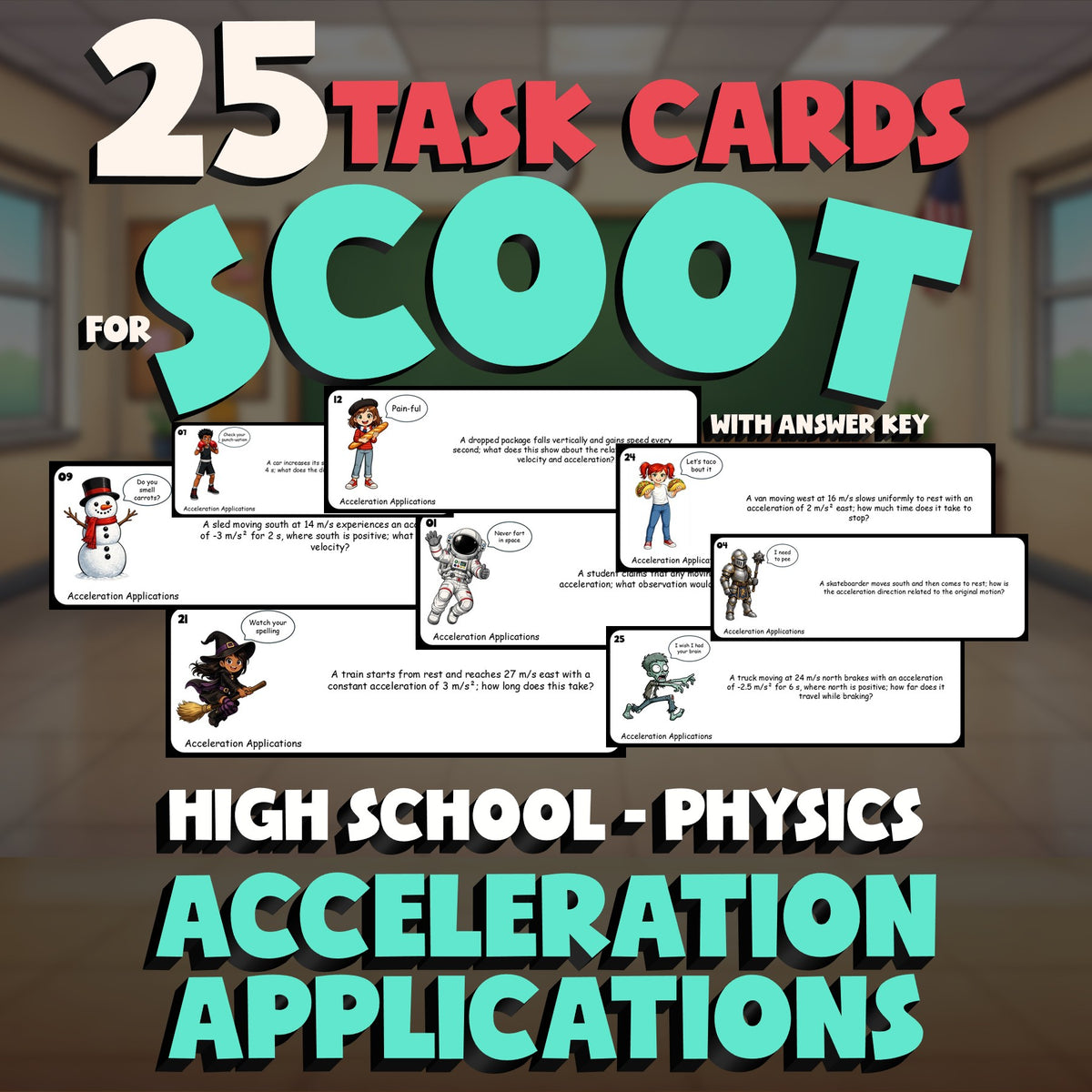 Acceleration Applications SCOOT TASK CARDS Science Game - No Prep Physics Review