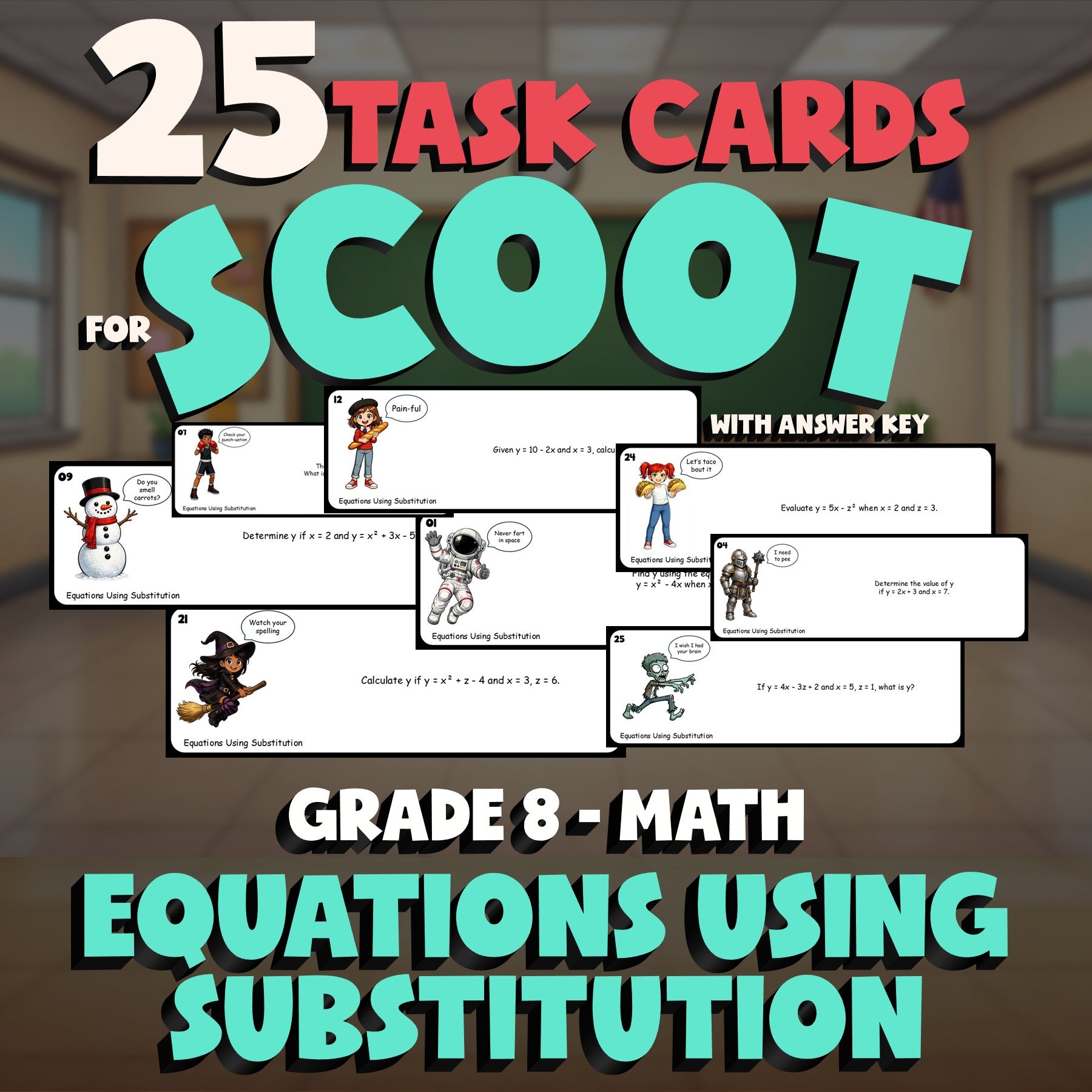 Equations Using Substitution SCOOT TASK CARDS Math Game - No Prep Grade 8 Review