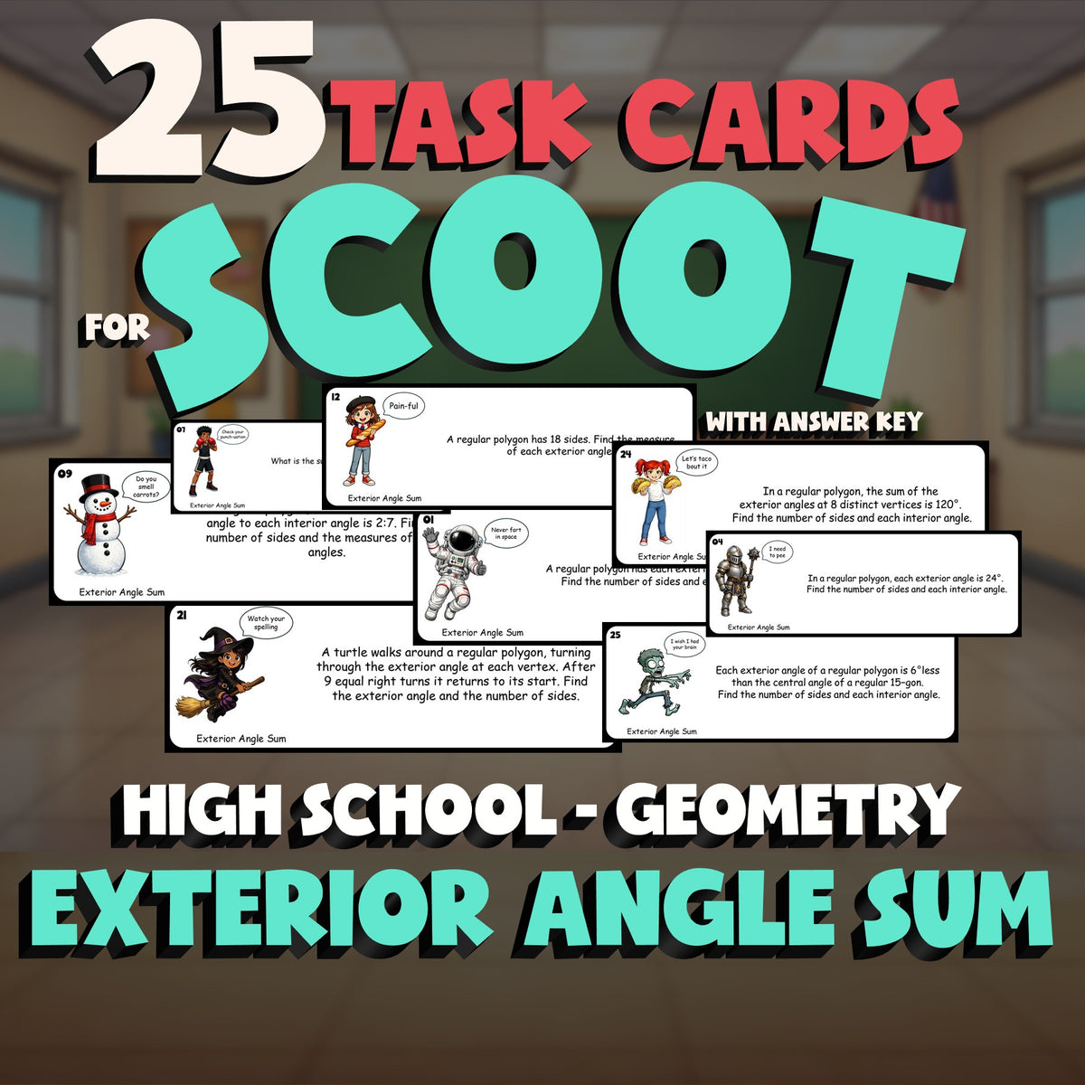 Exterior Angle Sum SCOOT TASK CARDS Math Game - No Prep Geometry Review Activity