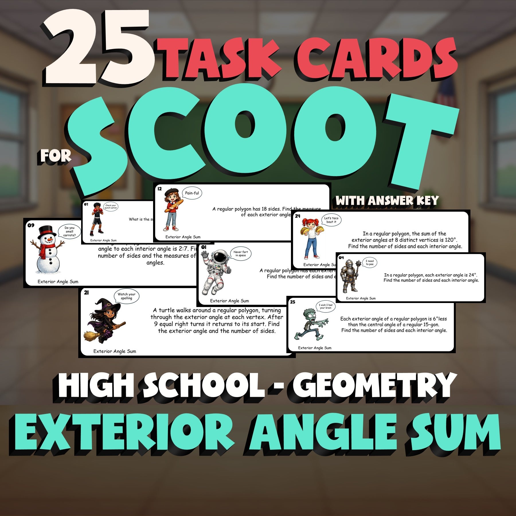 Exterior Angle Sum SCOOT TASK CARDS Math Game - No Prep Geometry Review Activity