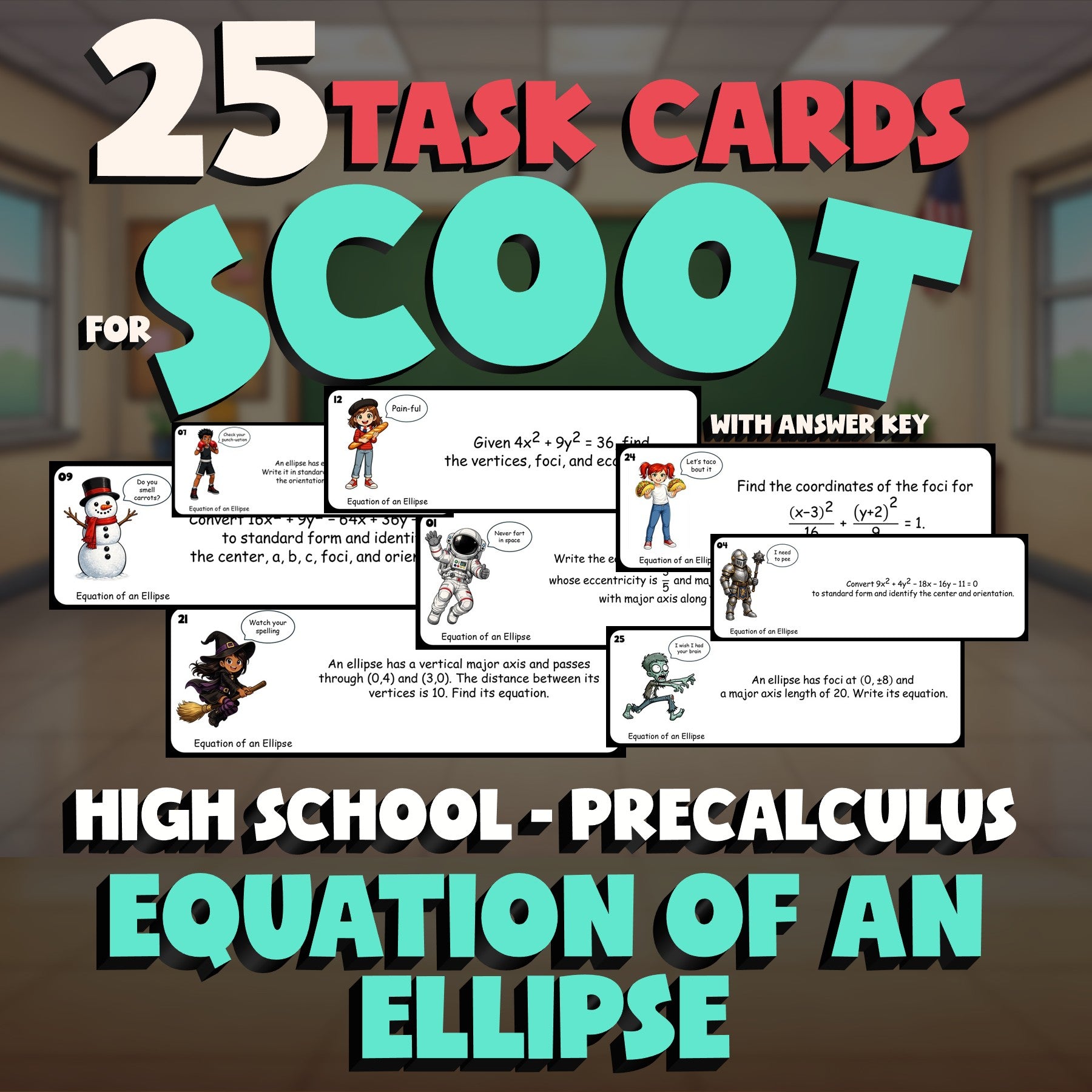 Equation of an Ellipse SCOOT TASK CARDS Math Game - No Prep PreCalculus Review