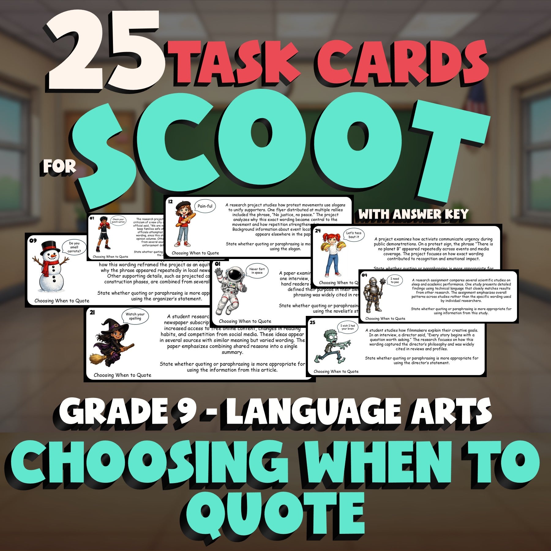 Choosing When to Quote SCOOT TASK CARDS ELA Game - No Prep Grade 9 Review