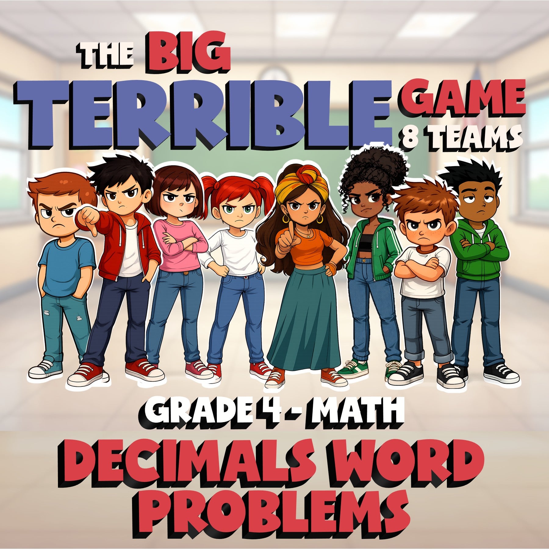 Decimals Word Problems BIG TERRIBLE GAME - No Prep Grade 4 Math Review Activity