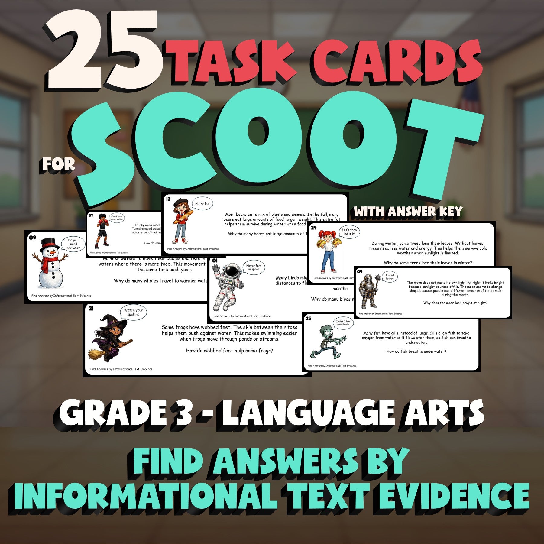 Find Answers by Informational Text Evidence SCOOT TASK CARDS ELA Game - Grade 3