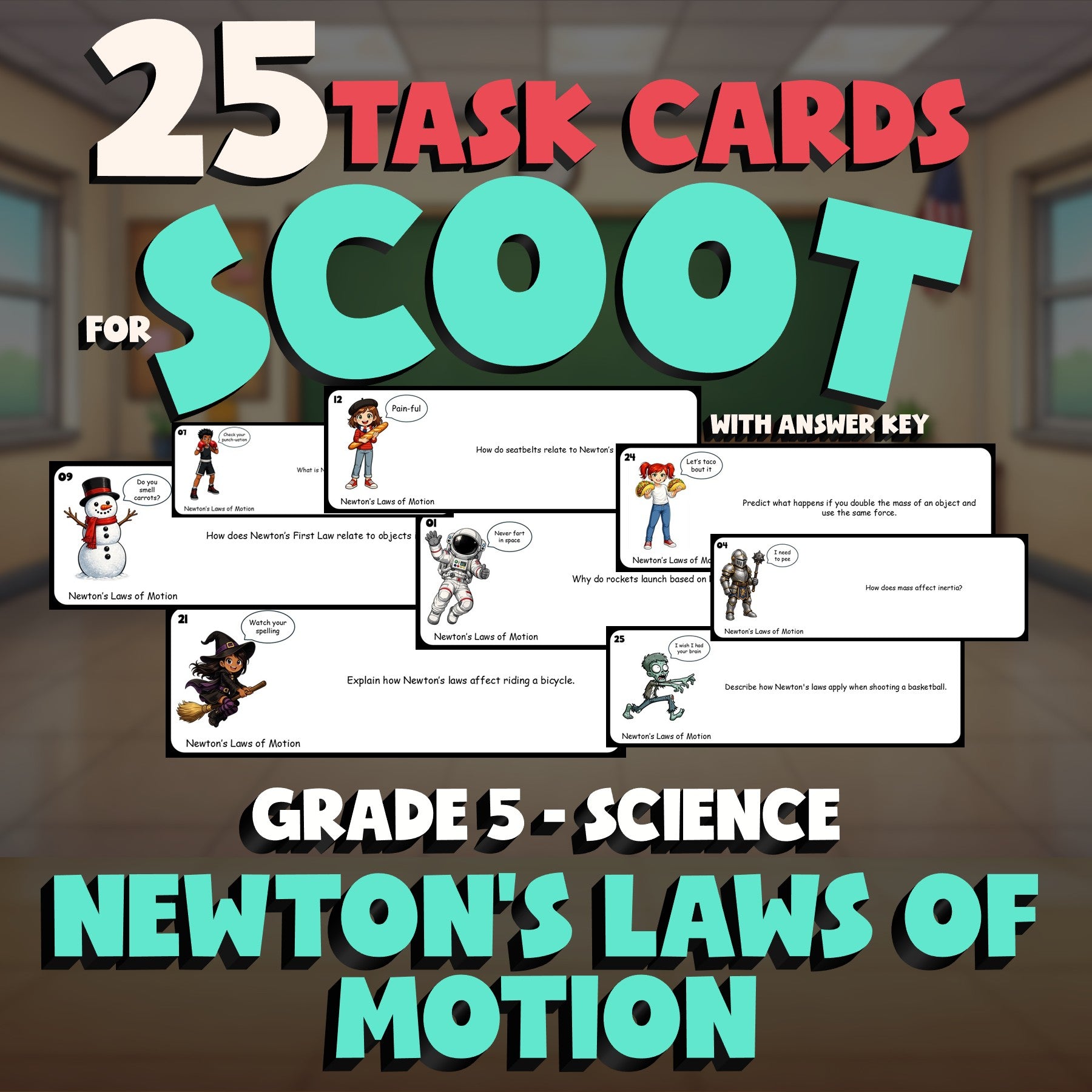 Newton’s Laws of Motion SCOOT TASK CARDS Science Game - No Prep Grade 5 Review