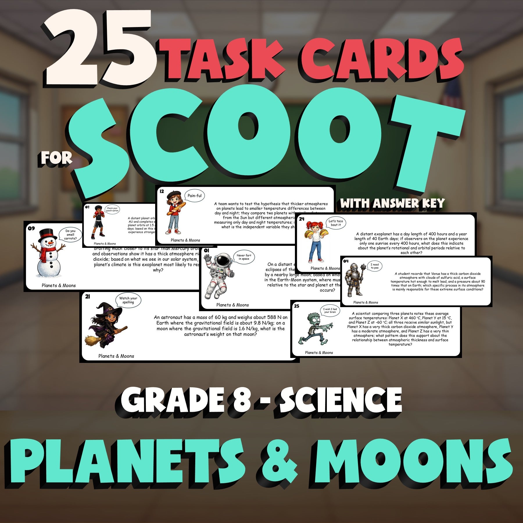 Planets & Moons SCOOT TASK CARDS Science Game - No Prep Grade 8 Review Activity