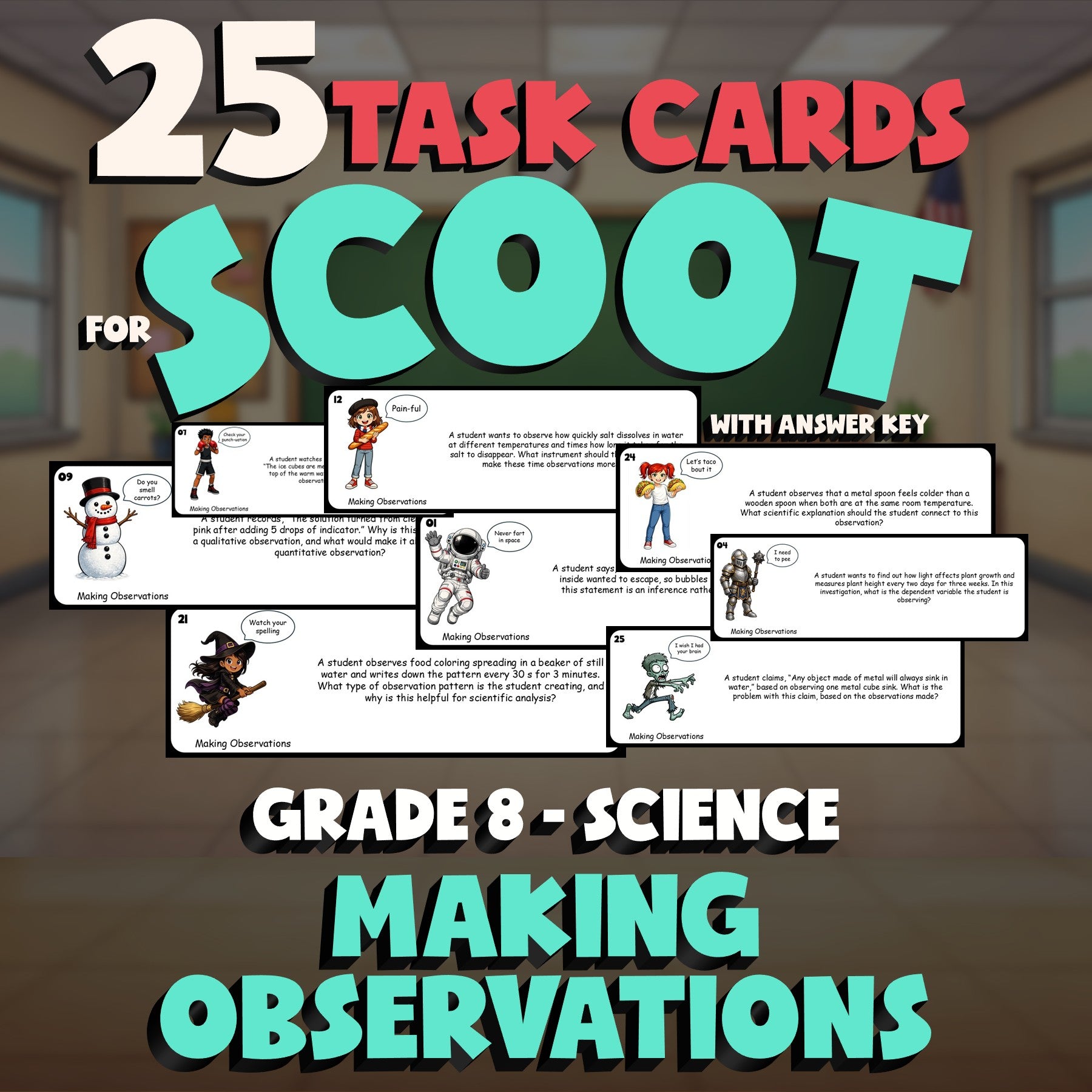 Making Observations SCOOT TASK CARDS Science Game - No Prep Grade 8 Review