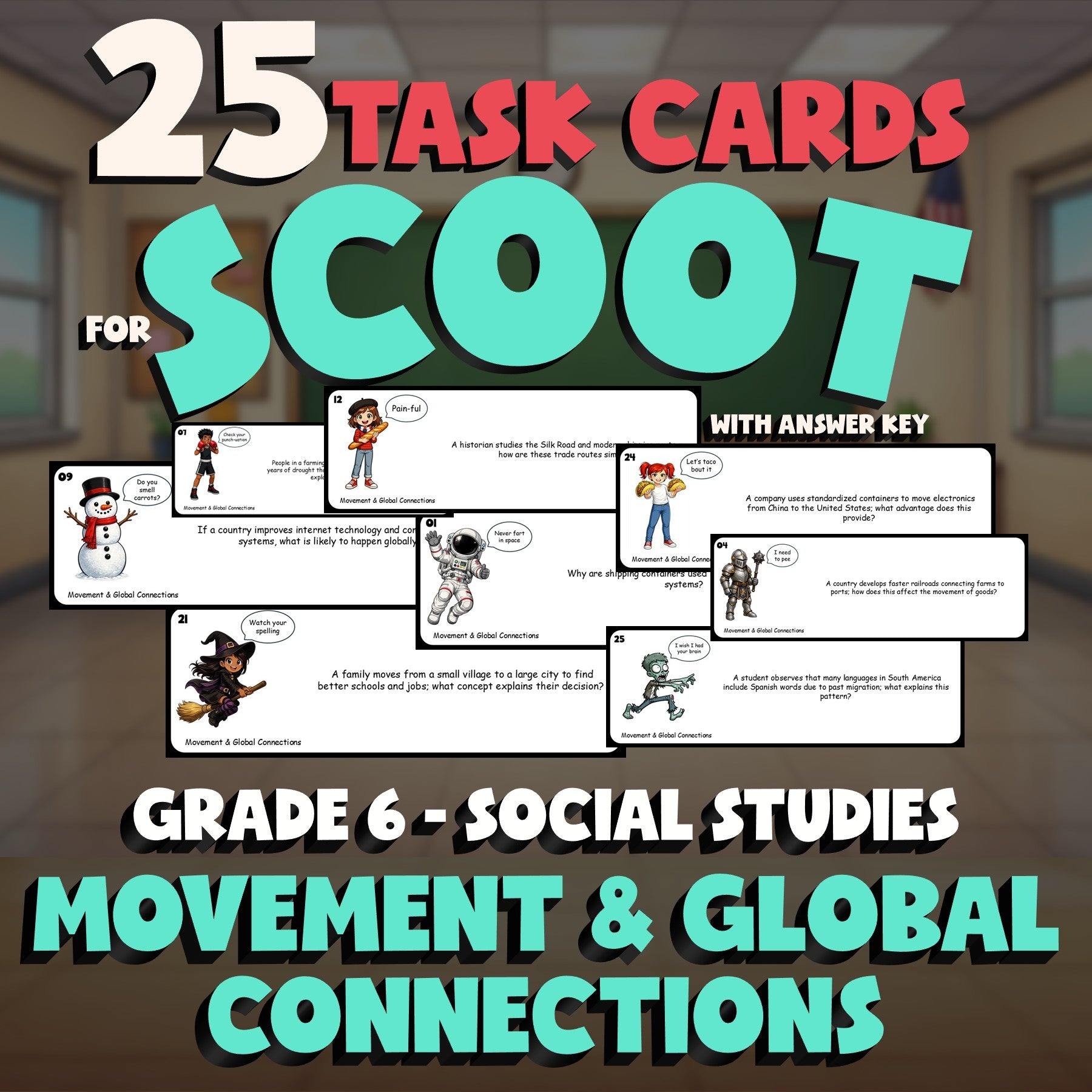 Movement & Global Connections SCOOT TASK CARDS Socials Game - No Prep Grade 6