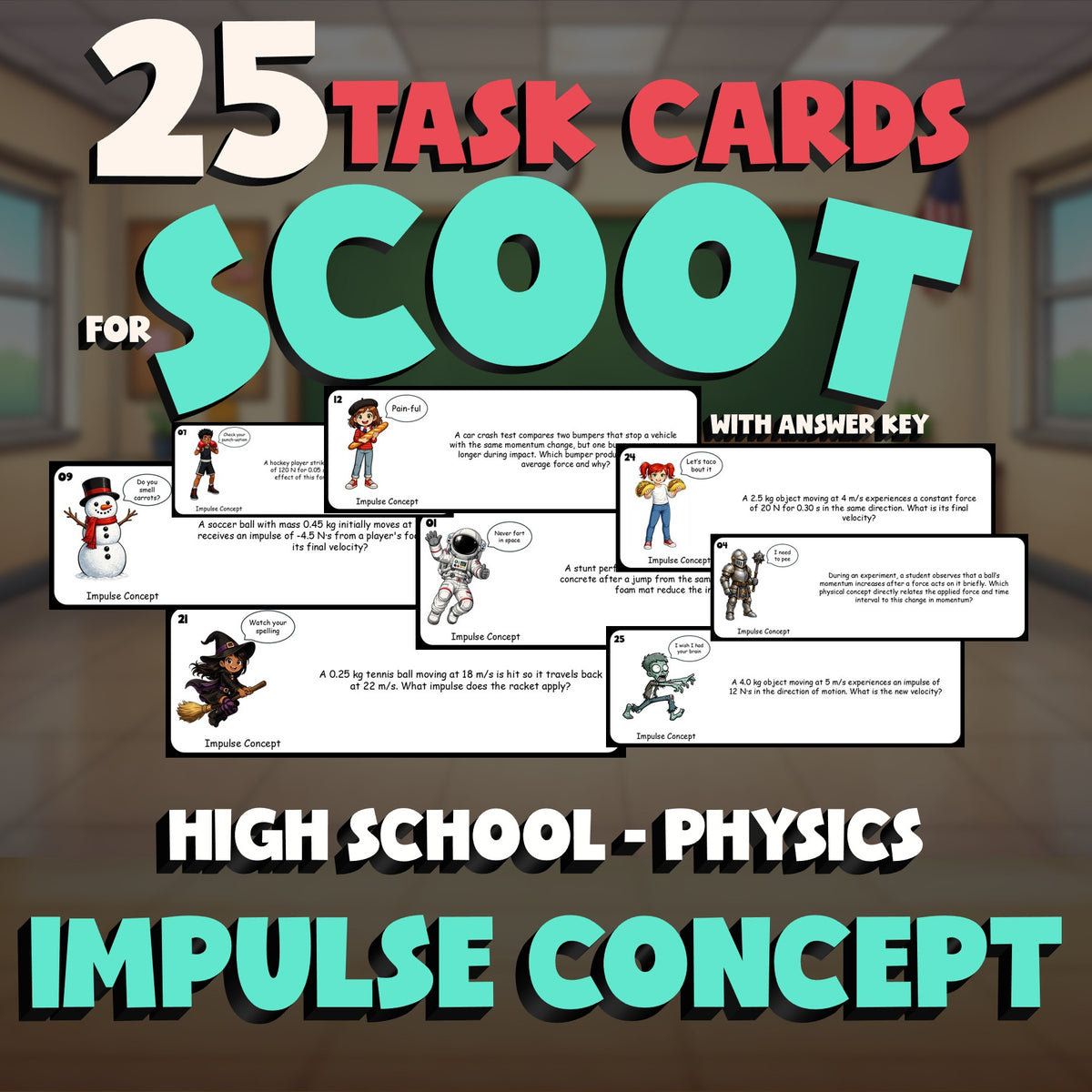 Impulse Concept SCOOT TASK CARDS Science Game - No Prep Physics Review Activity