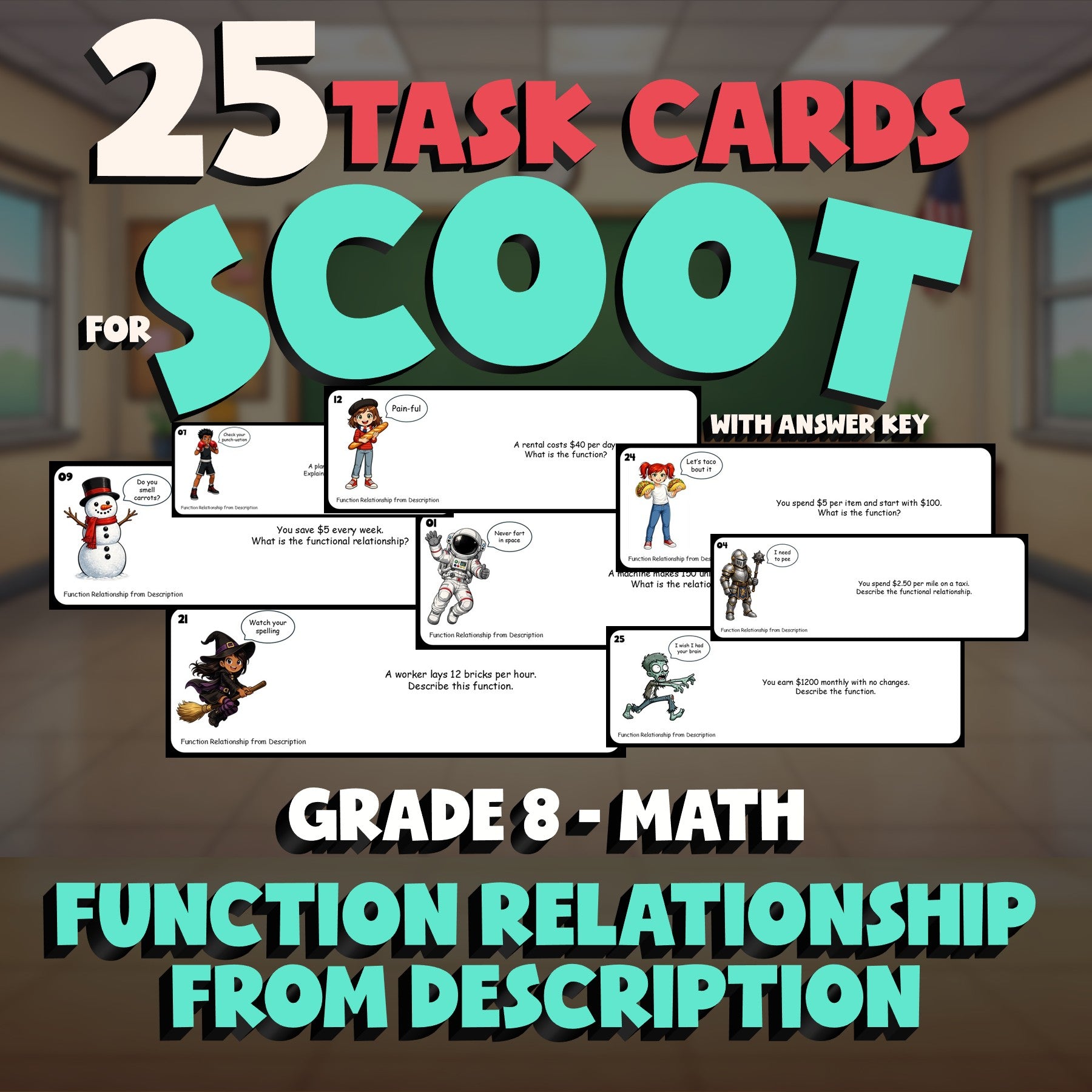 Function Relationship from Description SCOOT TASK CARDS Math Game - Grade 8