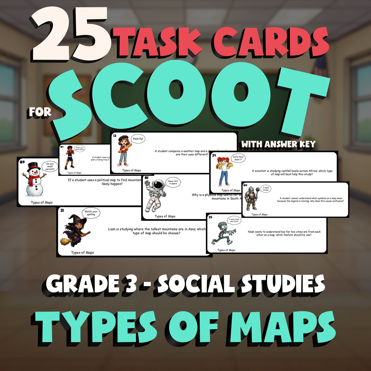 Types of Maps SCOOT TASK CARDS Socials Game - No Prep Grade 3 Review Activity