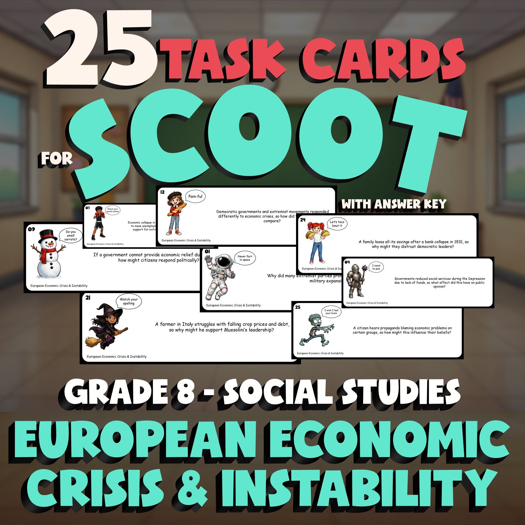 European Economic Crisis & Instability SCOOT TASK CARDS Socials Game - Grade 8