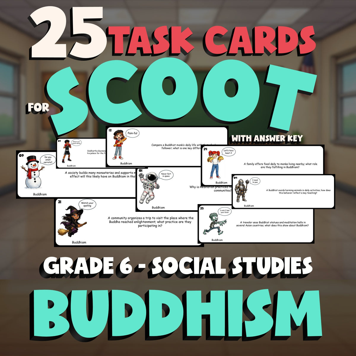 Buddhism SCOOT TASK CARDS Socials Game - No Prep Grade 6 Review Activity