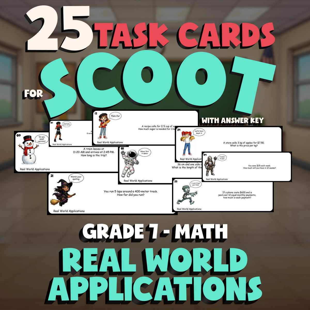 Real World Applications SCOOT TASK CARDS Math Game - No Prep Grade 7 Review