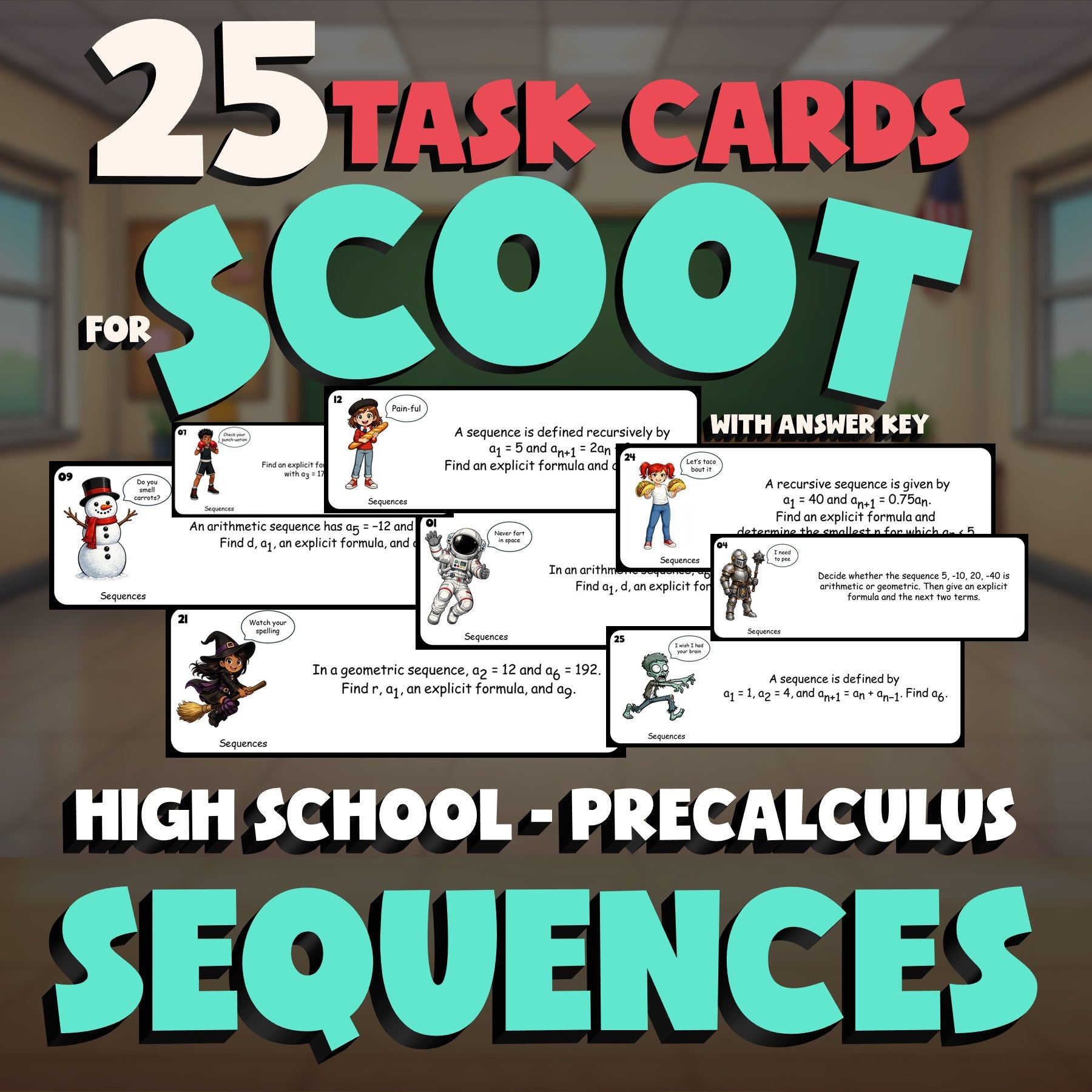 Sequences SCOOT TASK CARDS Math Game - No Prep PreCalculus Review Activity