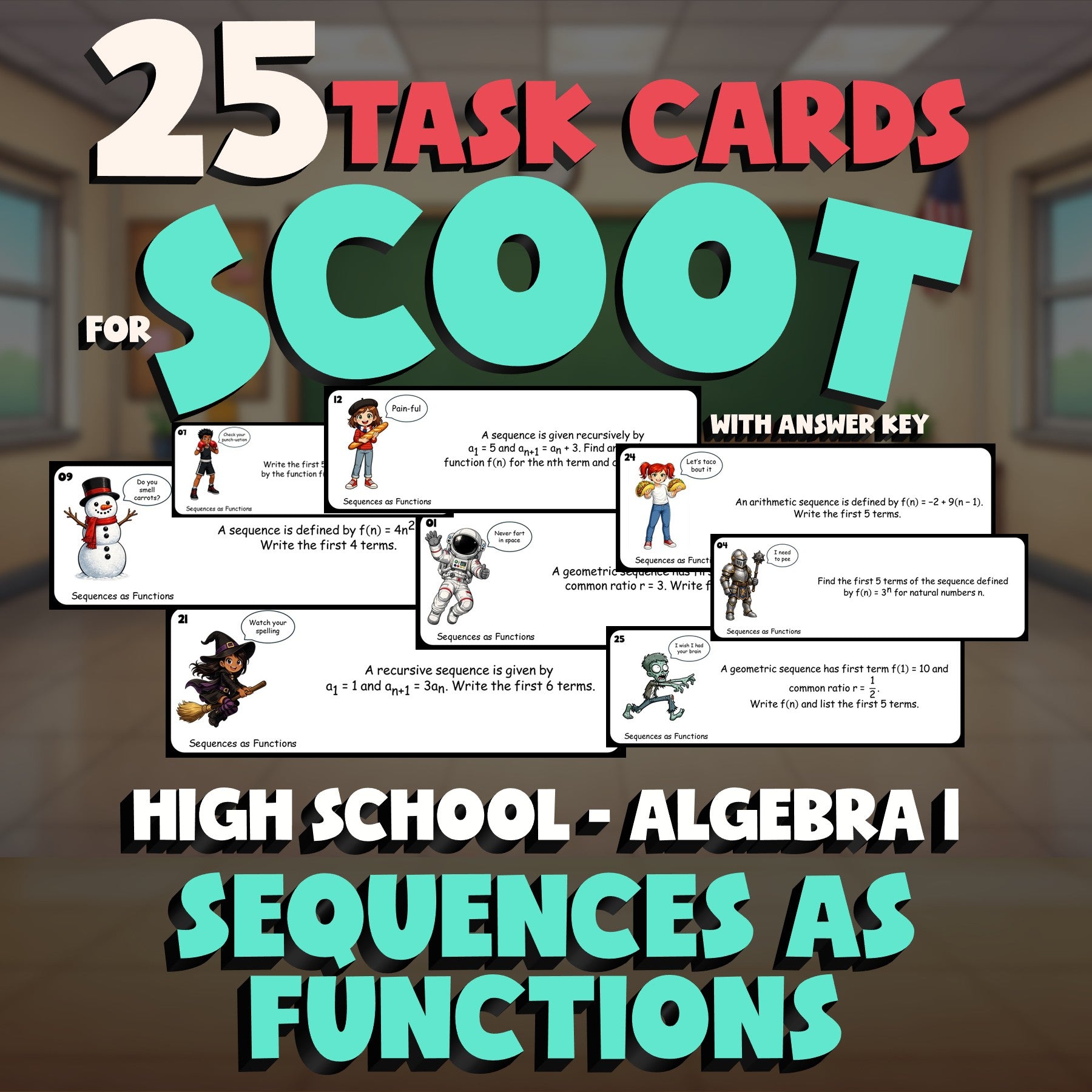 Sequences as Functions SCOOT TASK CARDS Math Game - No Prep Algebra 1 Review