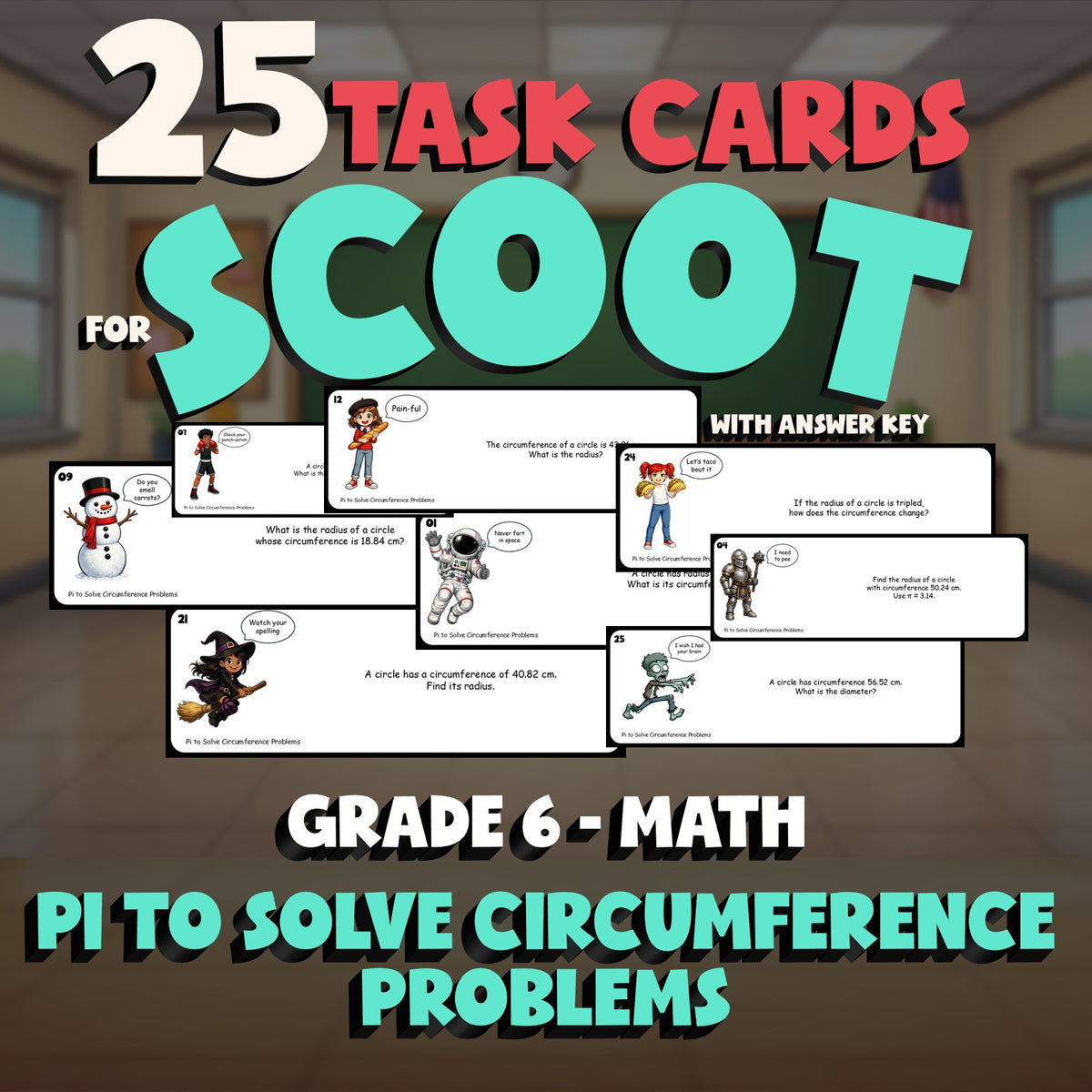 Pi to Solve Circumference Problems SCOOT TASK CARDS Math Game - No Prep Grade 6