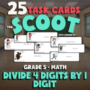 Divide 4 Digits by 1 Digit SCOOT TASK CARDS Math Game - No Prep Grade 5 Review