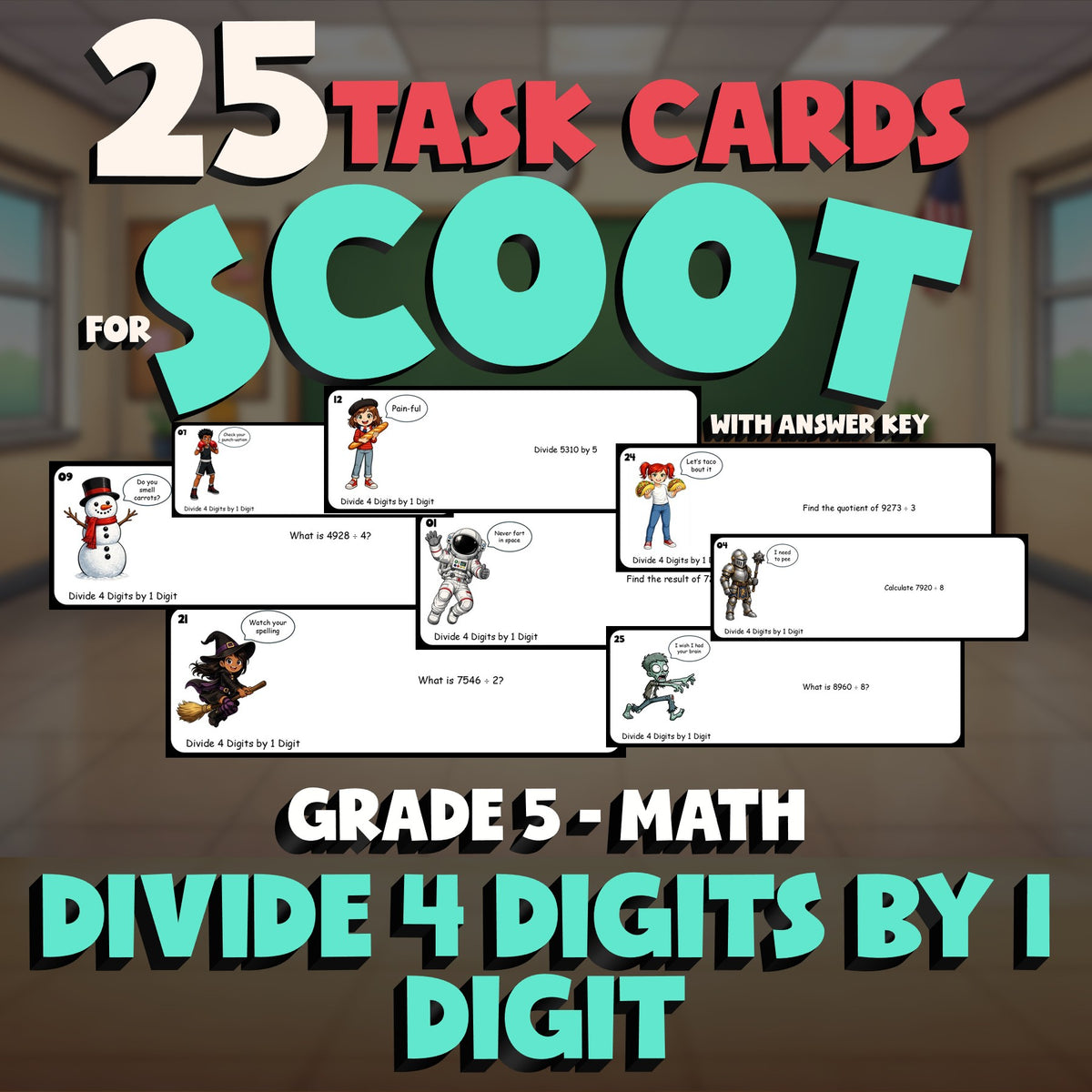 Divide 4 Digits by 1 Digit SCOOT TASK CARDS Math Game - No Prep Grade 5 Review