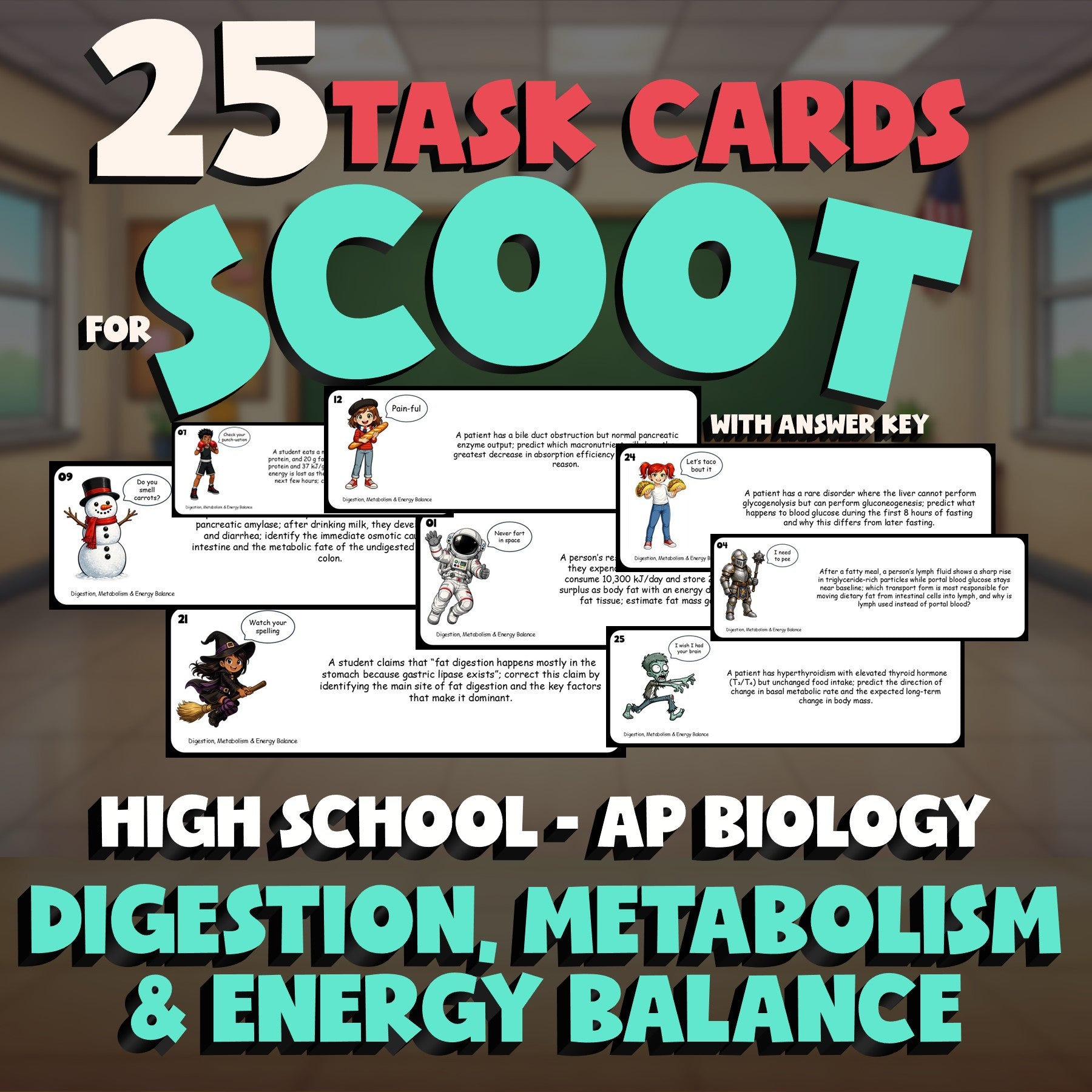 Digestion, Metabolism & Energy Balance SCOOT TASK CARDS Science Game AP Biology