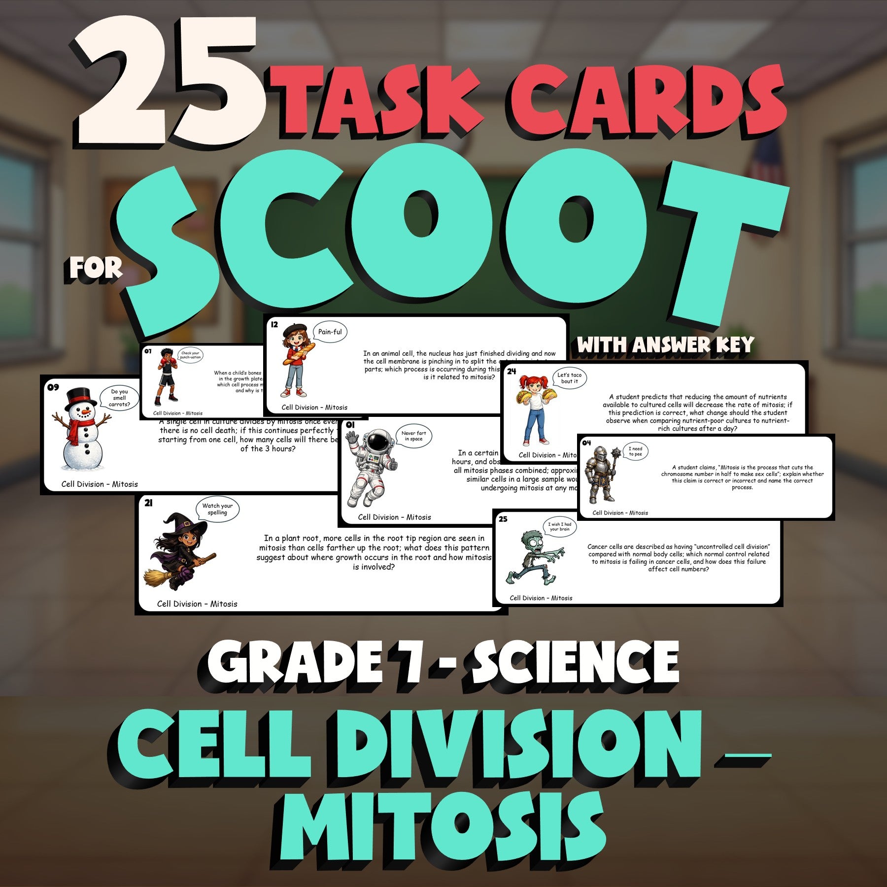 Cell Division – Mitosis SCOOT TASK CARDS Science Game - No Prep Grade 7 Review
