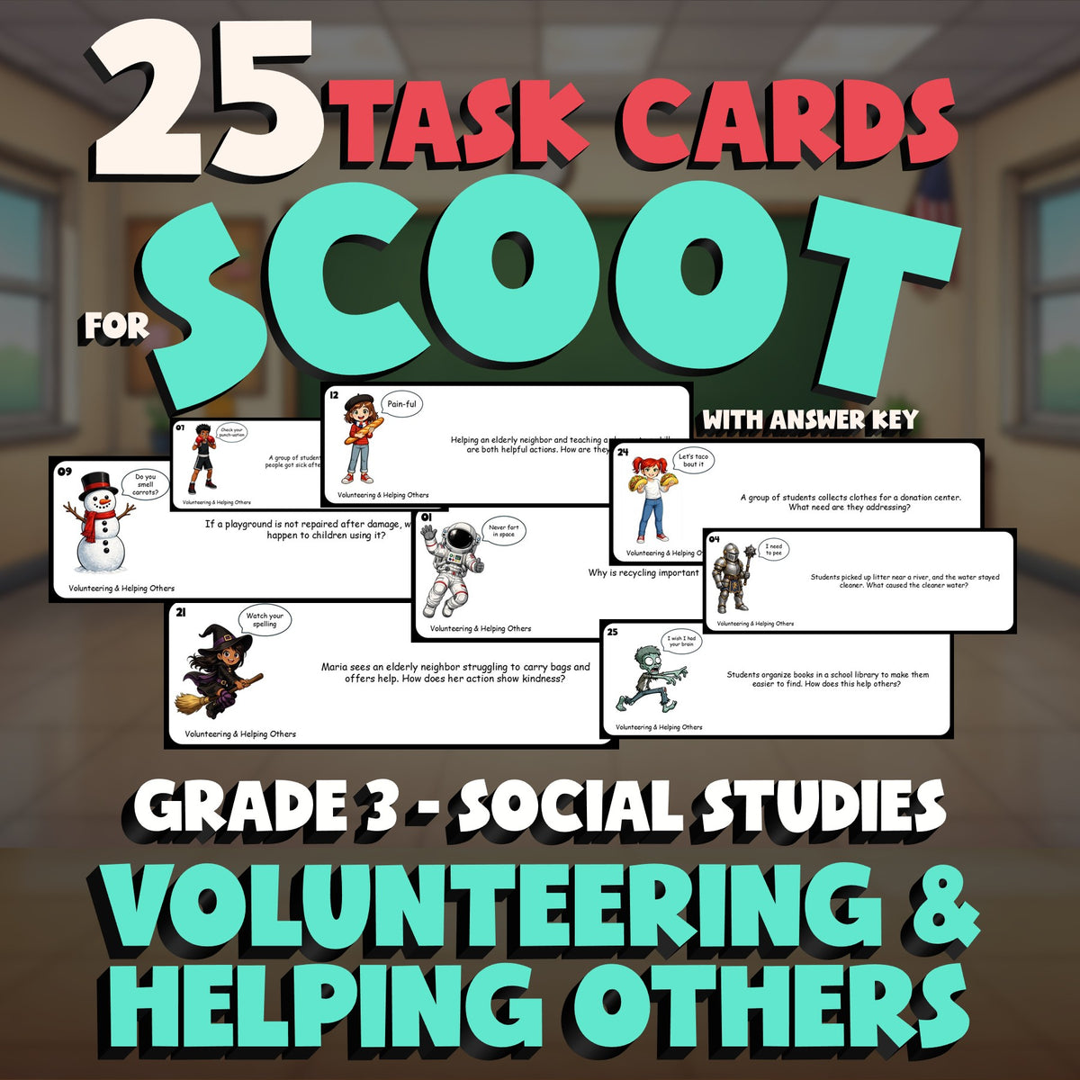 Volunteering & Helping Others SCOOT TASK CARDS Socials Game - No Prep Grade 3
