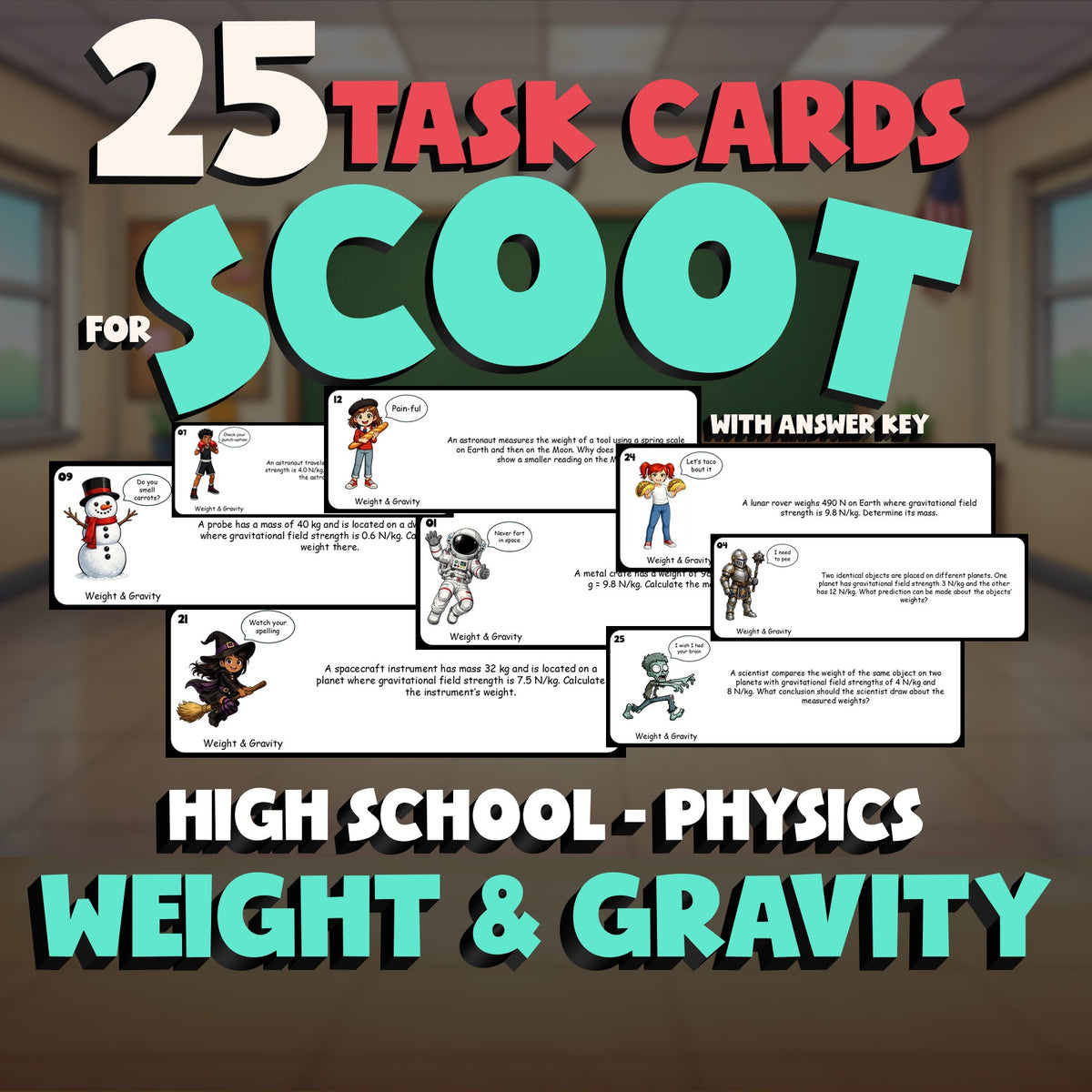 Weight & Gravity SCOOT TASK CARDS Science Game - No Prep Physics Review Activity