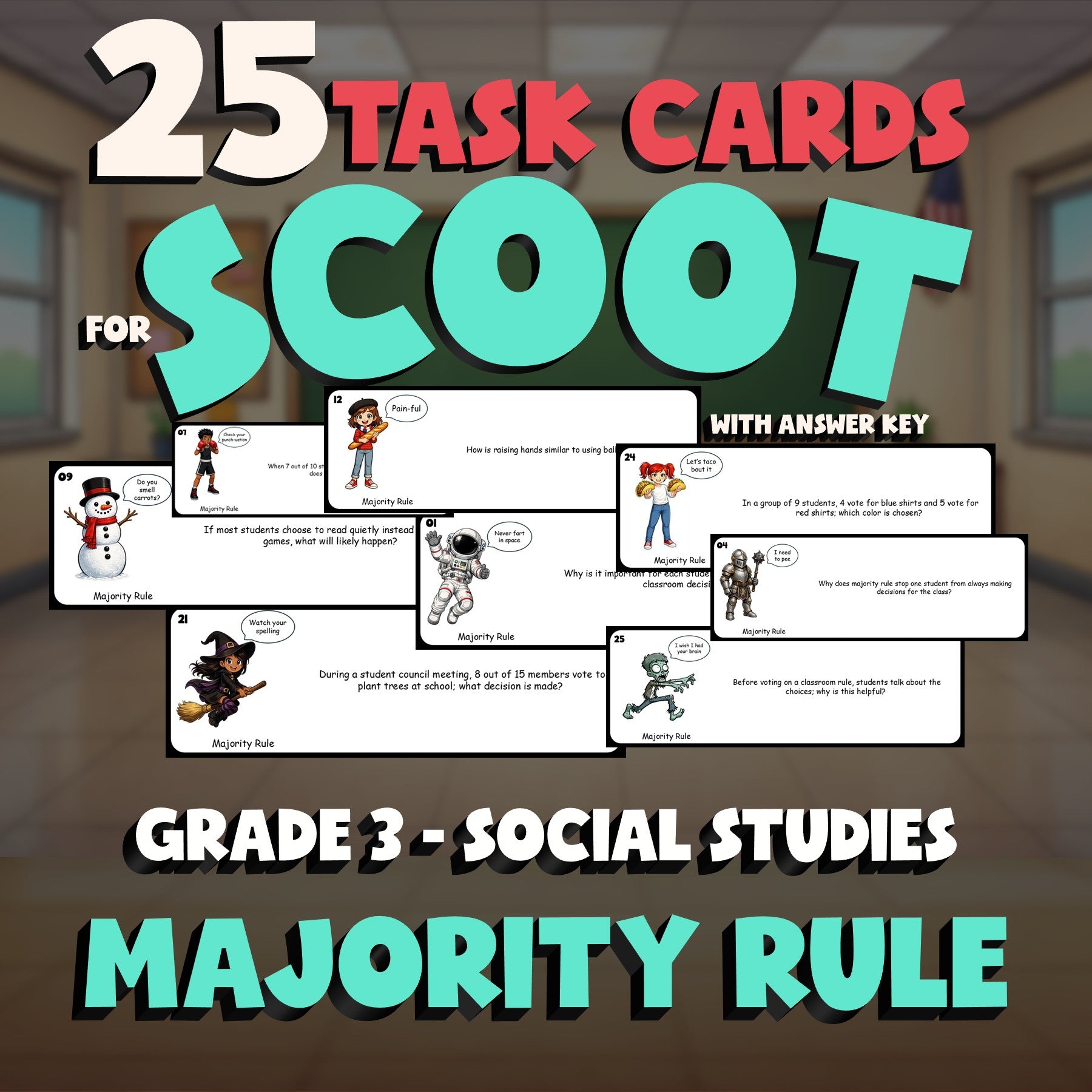 Majority Rule SCOOT TASK CARDS Socials Game - No Prep Grade 3 Review Activity