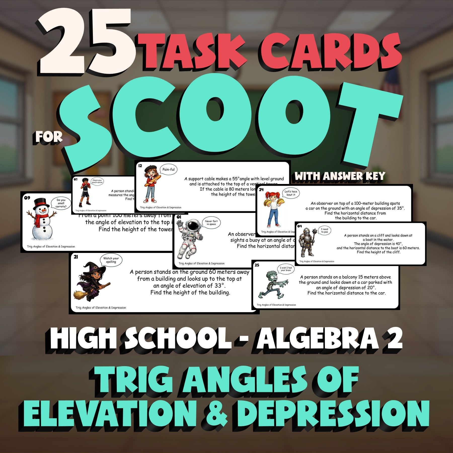 Trig Angles of Elevation & Depression SCOOT TASK CARDS Math Game - Algebra 2