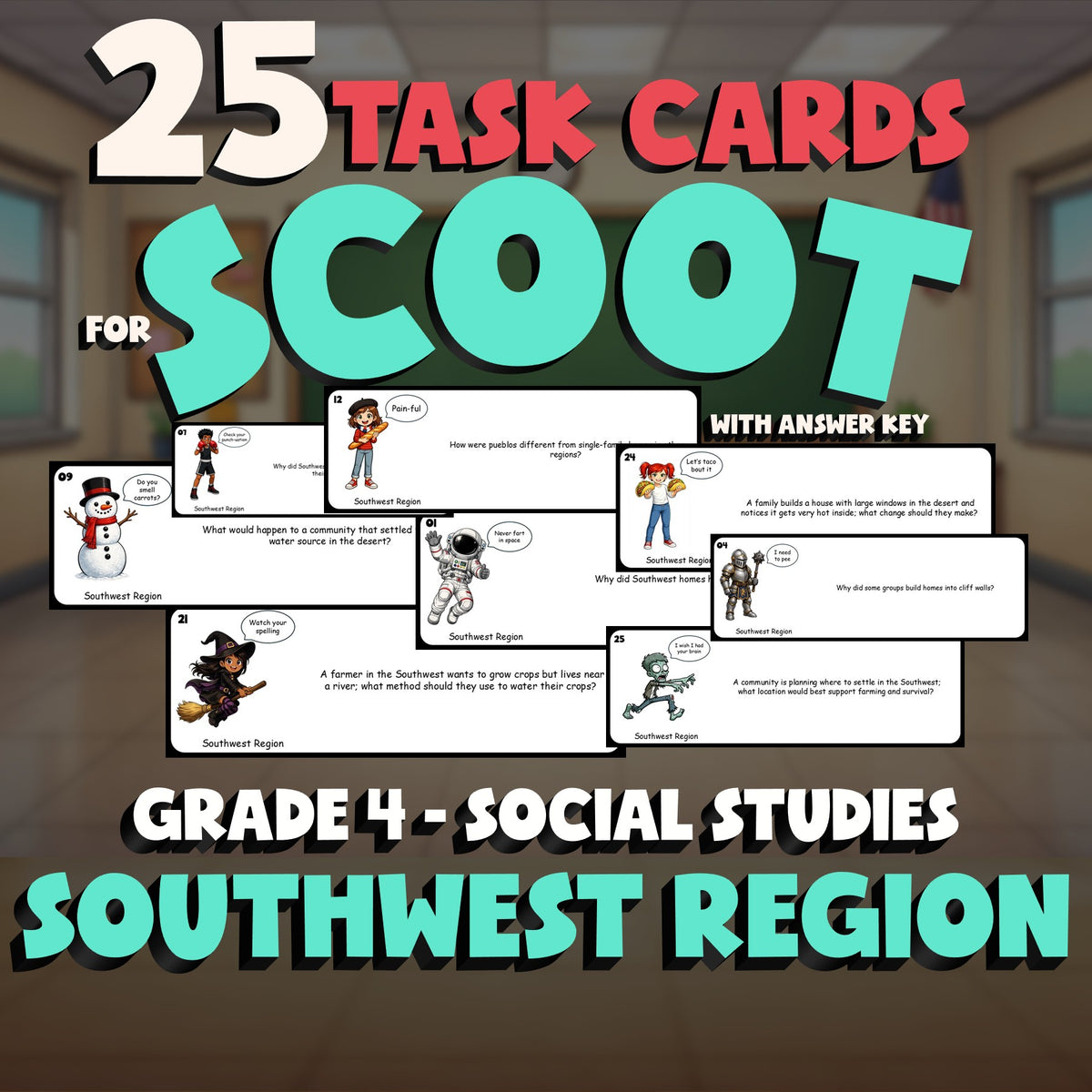 Southwest Region SCOOT TASK CARDS Socials Game - No Prep Grade 4 Review Activity