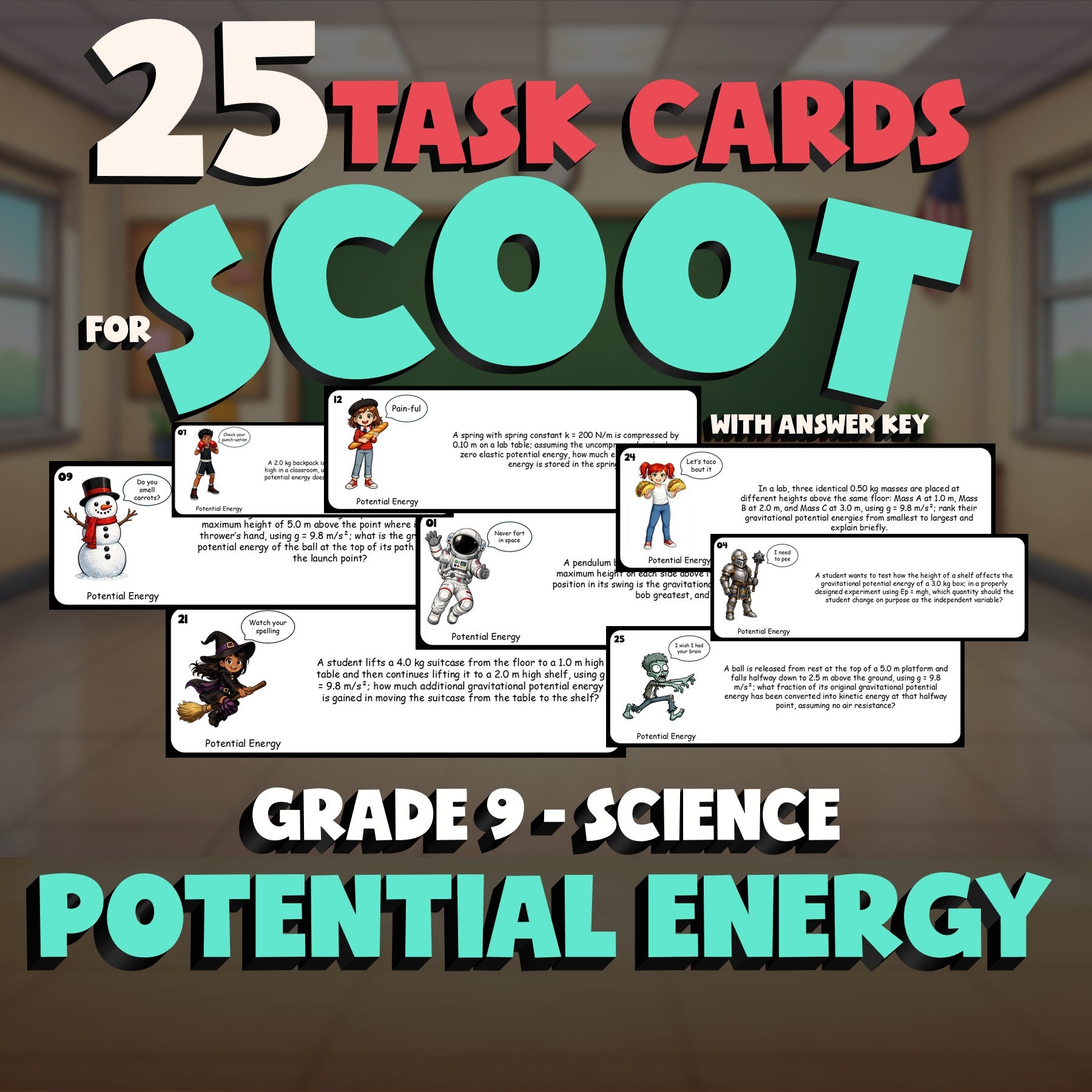 Potential Energy SCOOT TASK CARDS Science Game - No Prep Grade 9 Review Activity
