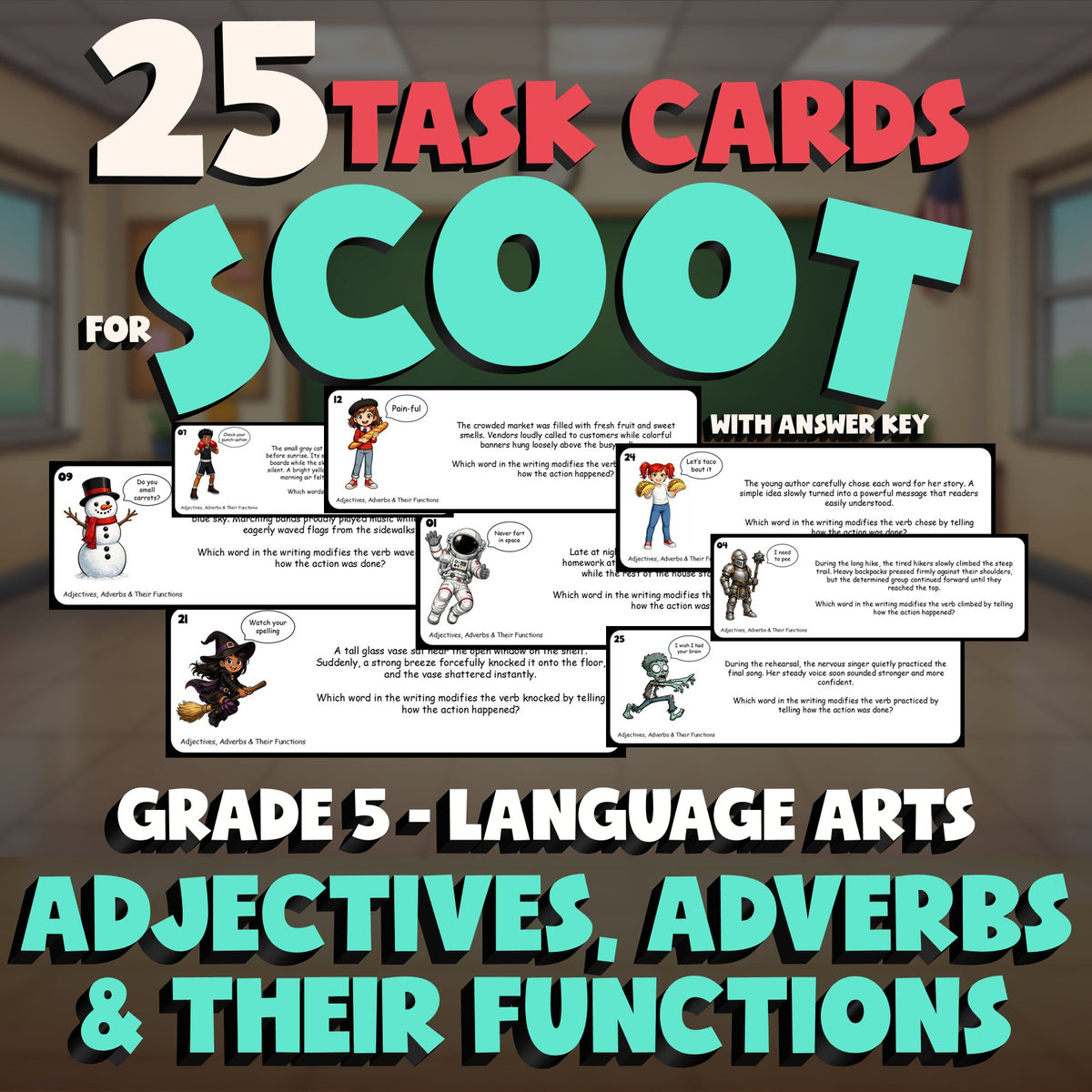 Adjectives, Adverbs & Their Functions SCOOT TASK CARDS ELA Game - Grade 5