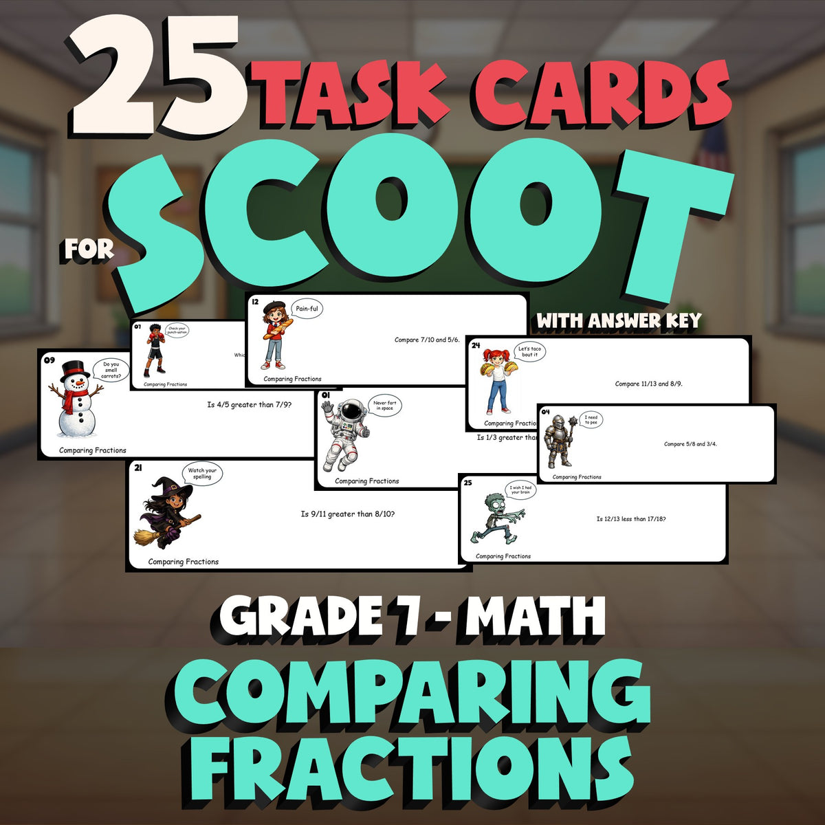 Comparing Fractions SCOOT TASK CARDS Math Game - No Prep Grade 7 Review Activity