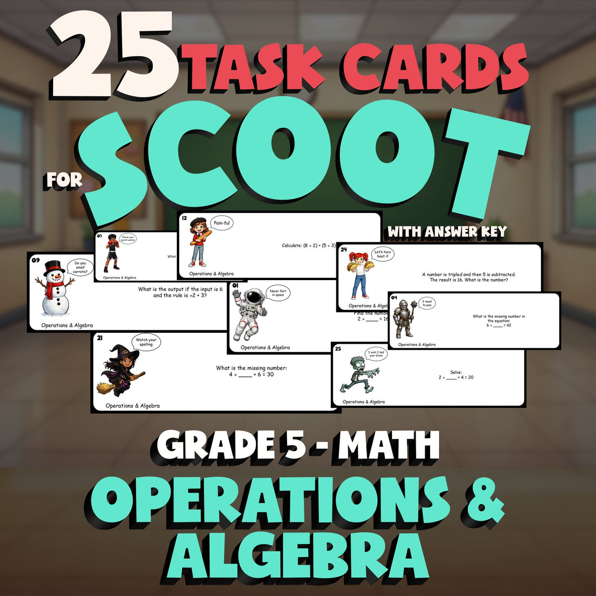 Operations & Algebra SCOOT TASK CARDS Math Game - No Prep Grade 5 Review