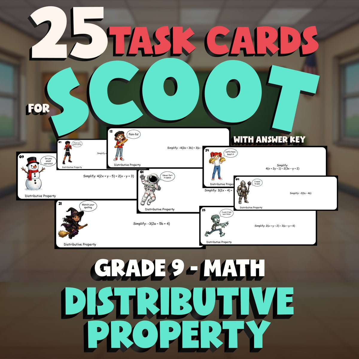 Distributive Property SCOOT TASK CARDS Math Game - No Prep Grade 9 Review