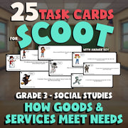 How Goods & Services Meet Needs SCOOT TASK CARDS Socials Game - No Prep Grade 3