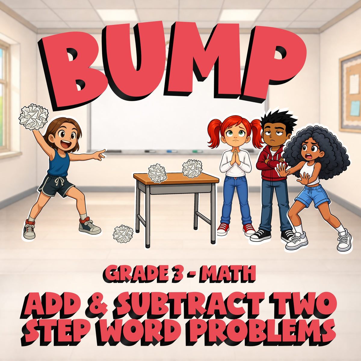 Add & Subtract Two Step Word Problems BUMP Math Game - No Prep Grade 3 Review