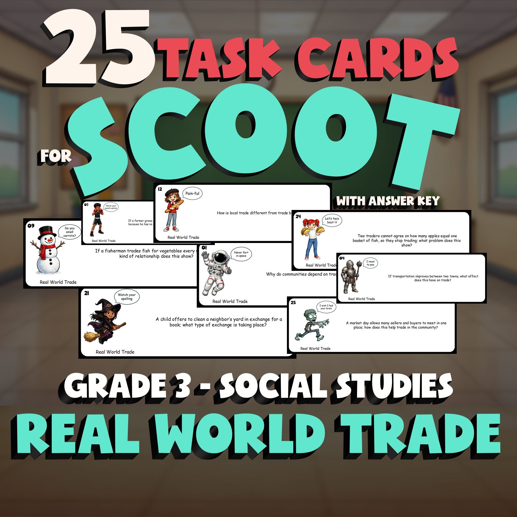 Real World Trade SCOOT TASK CARDS Socials Game - No Prep Grade 3 Review Activity