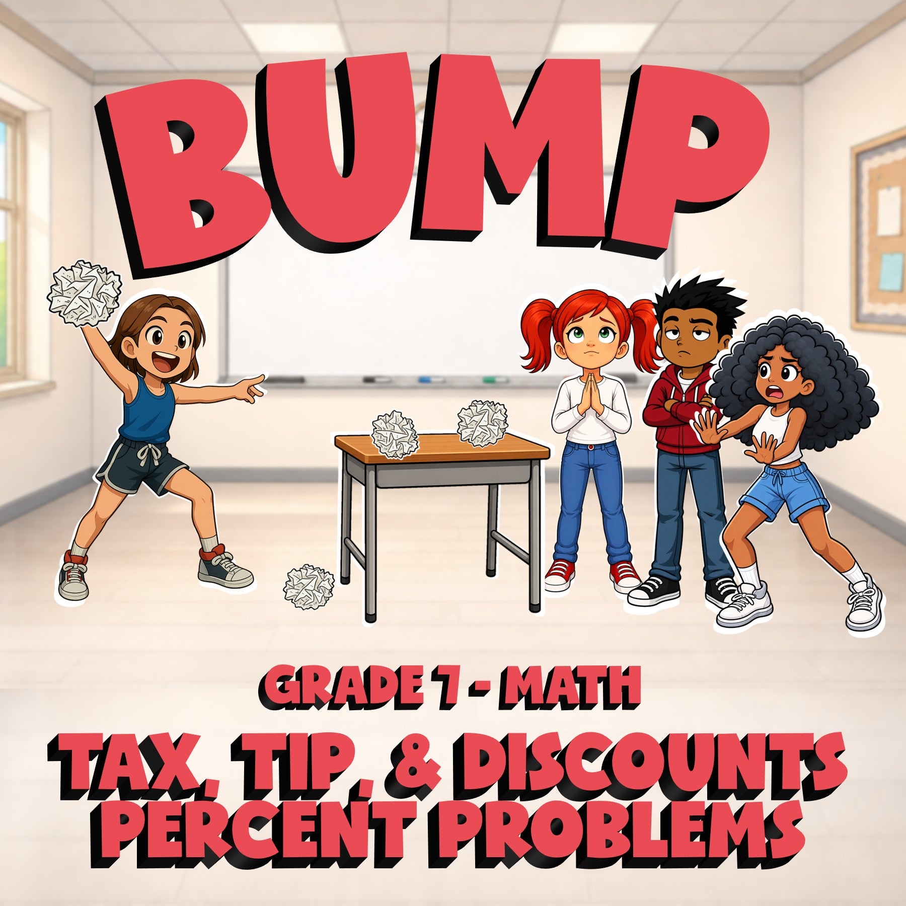 Tax, Tip, & Discounts Percent Problems BUMP Math Game - No Prep Grade 7 Review