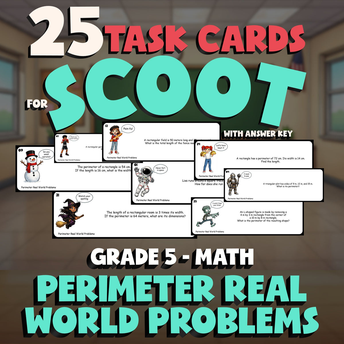 Perimeter Real World Problems SCOOT TASK CARDS Math Game - No Prep Grade 5