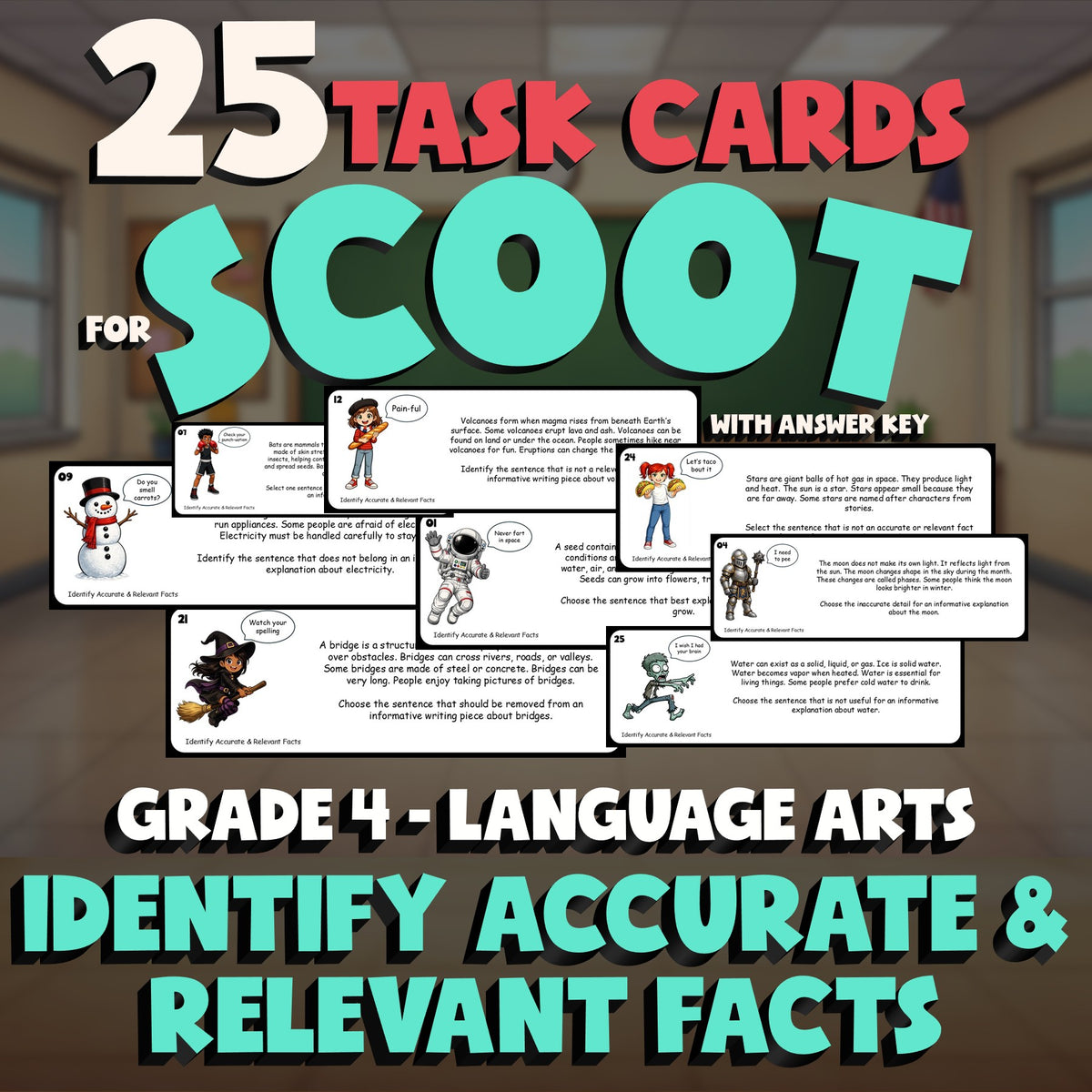 Identify Accurate & Relevant Facts SCOOT TASK CARDS ELA Game - No Prep Grade 4