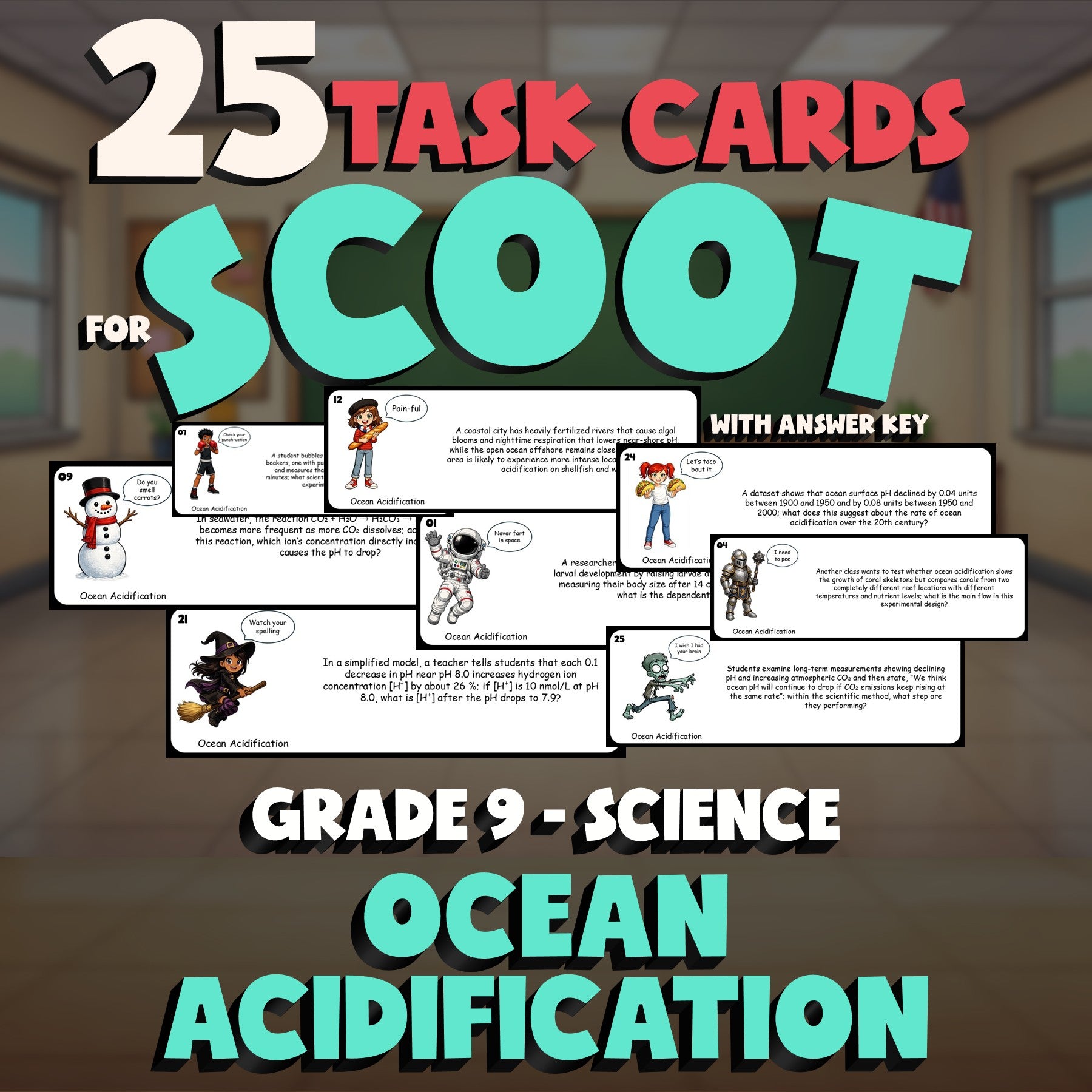 Ocean Acidification SCOOT TASK CARDS Science Game - No Prep Grade 9 Review