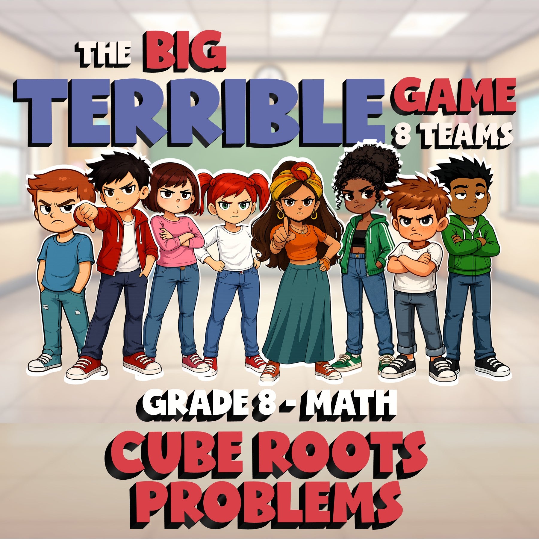 Cube Roots Problems BIG TERRIBLE GAME - No Prep Grade 8 Math Review Activity