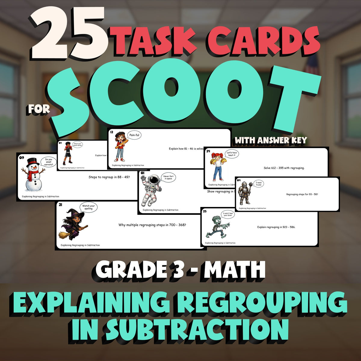 Explaining Regrouping in Subtraction SCOOT TASK CARDS Math Game - Grade 3