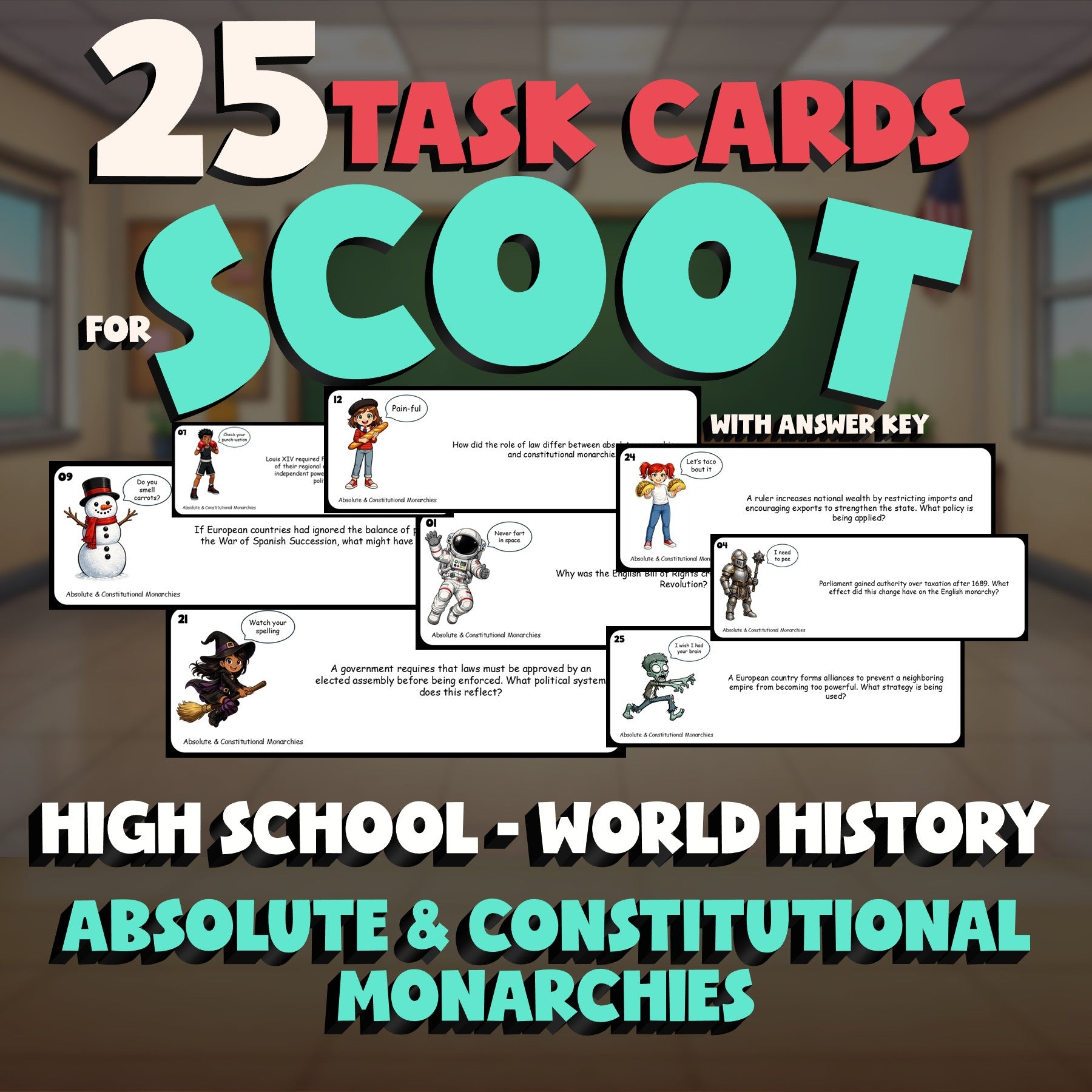 Absolute & Constitutional Monarchies SCOOT TASK CARDS Game - World History